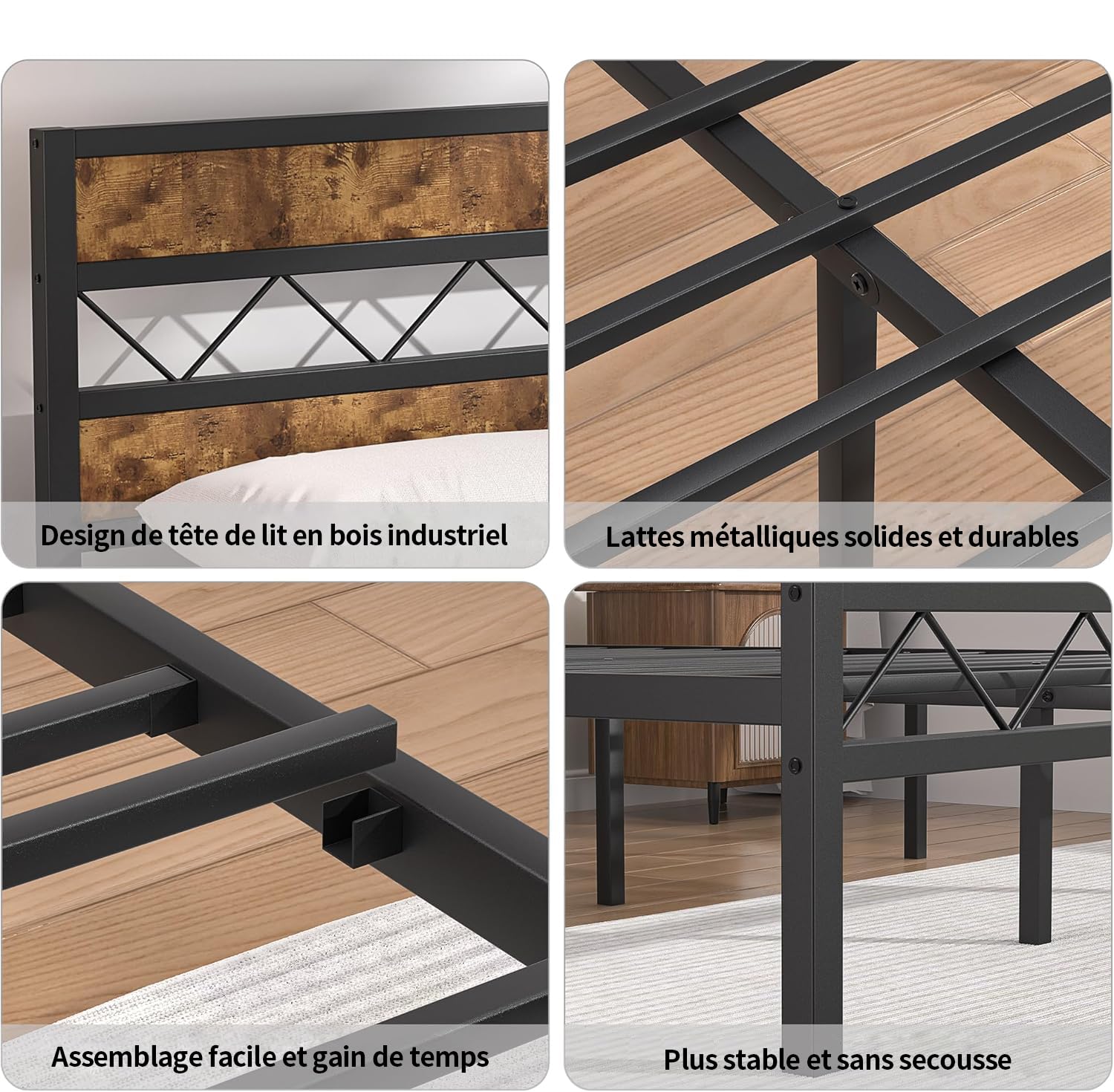 VECELO Cadre de Lit 90 x 190cm, avec Tête en Bois, Sommier Plateforme en Métal, avec Support à Lattes Solides et Espace de Rangement, Assemblage Facile, Marron Rustique