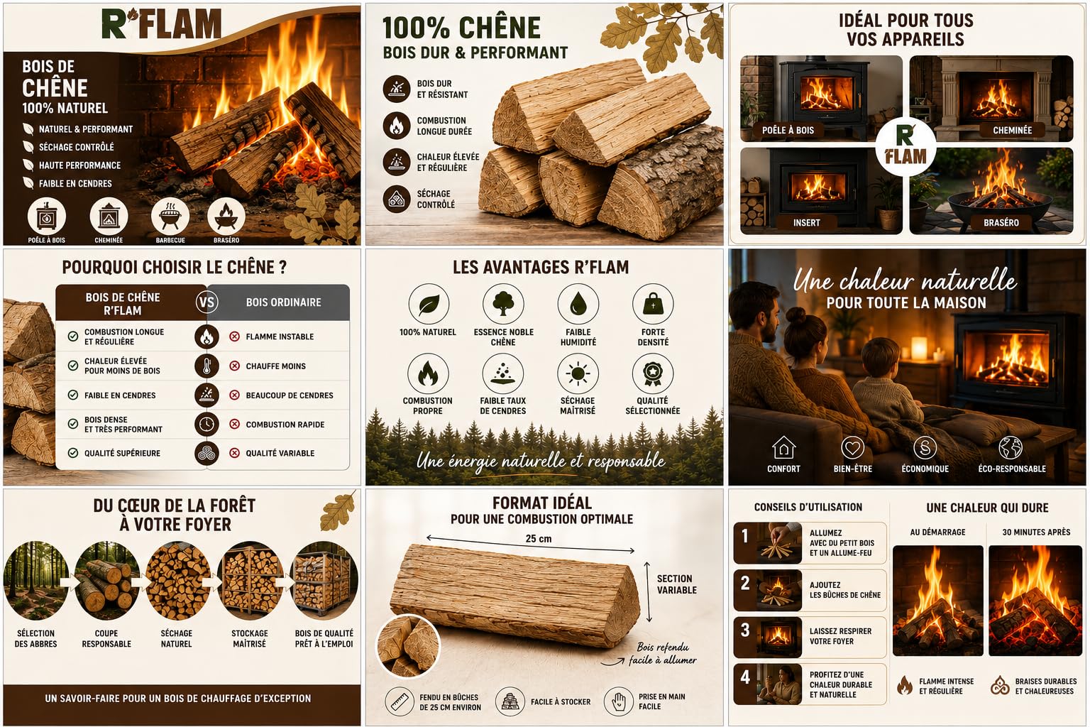 Bois de Chauffage 100% Chêne – Bûches 25 cm – Bois Sec Haute Performance – Idéal poêle, cheminée, Barbecue, braséro – R’FLAM - 14 KG
