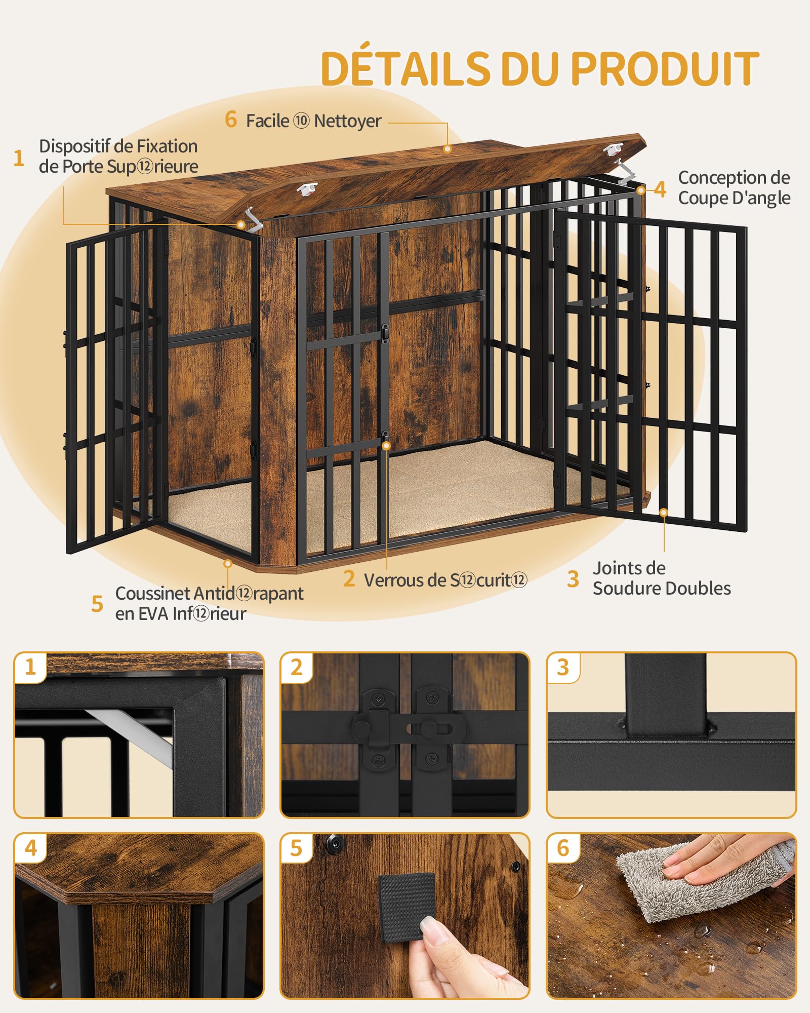 Hzuaneri Cage pour Chien, Heavy Cage en Bois avec Porte d'alimentation Supérieure, Design Multi-Portes, Grande Table d'appoint pour Cages pour Chien, 120 x 75 x 81 cm, Marron Rustique DFC86801B