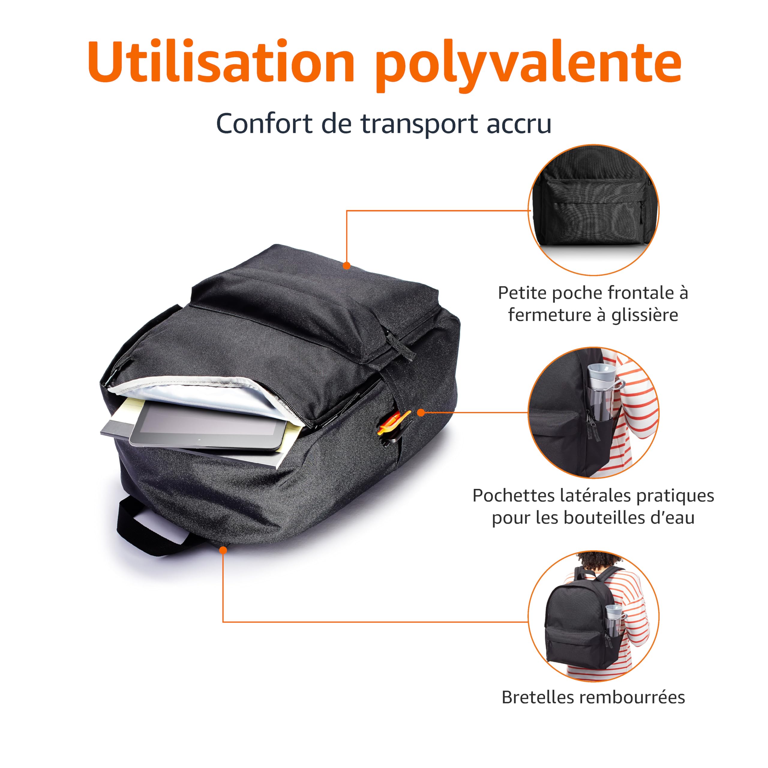 Amazon Basics, Sac à Dos Classique/Décontracté/Scolaire, Noir, Lot de 1