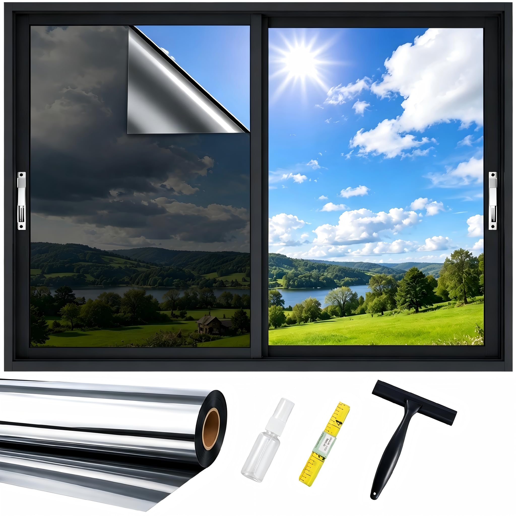 Zeyuzhong One Way Window Film 44.5 x 600 cm, Silver Static Cling Privacy Film for Glass Windows, Reflective Heat Control Window Tint, UV Protection Anti-Glare, No Glue Film for Home Office