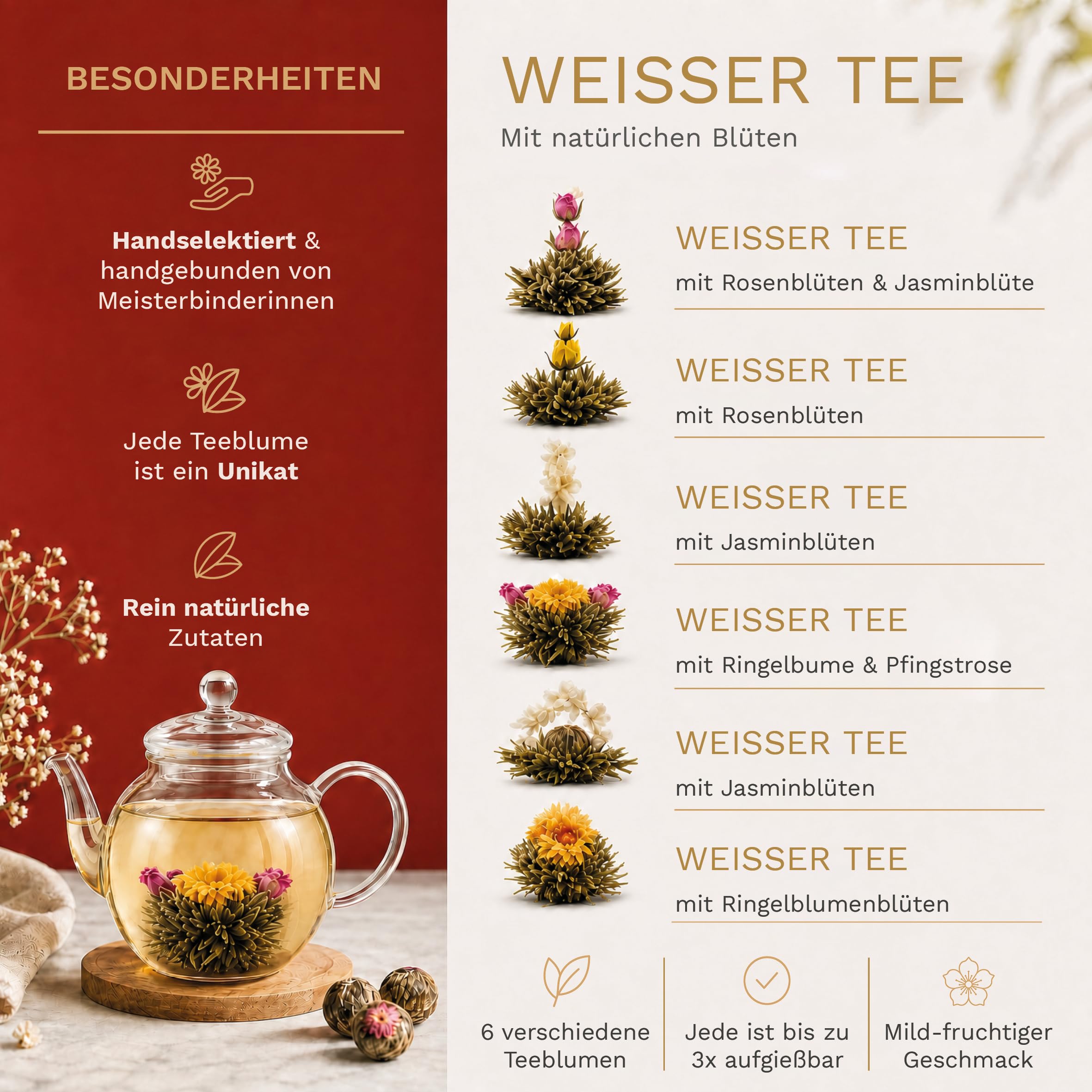 Creano Teeblumen-Mix Geschenkset mit 500ml Teekanne in edler Holzbox mit 6 verschiedenen Sorten ErblühTee (Weißer Tee)
