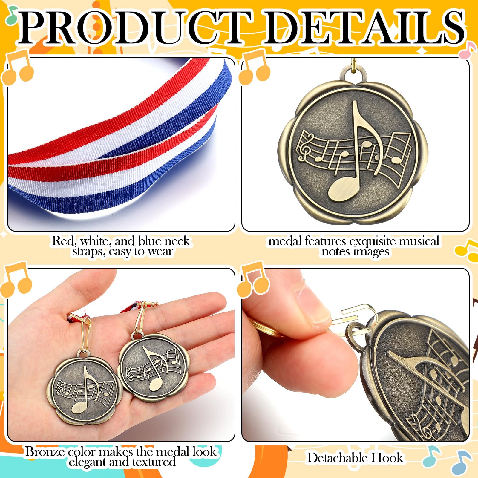 Quelay 100 medallas musicales a granel de oro con cintas para el cuello, trofeo de premio de metal para torneos de canto, competiciones musicales, regalo para niños o adultos