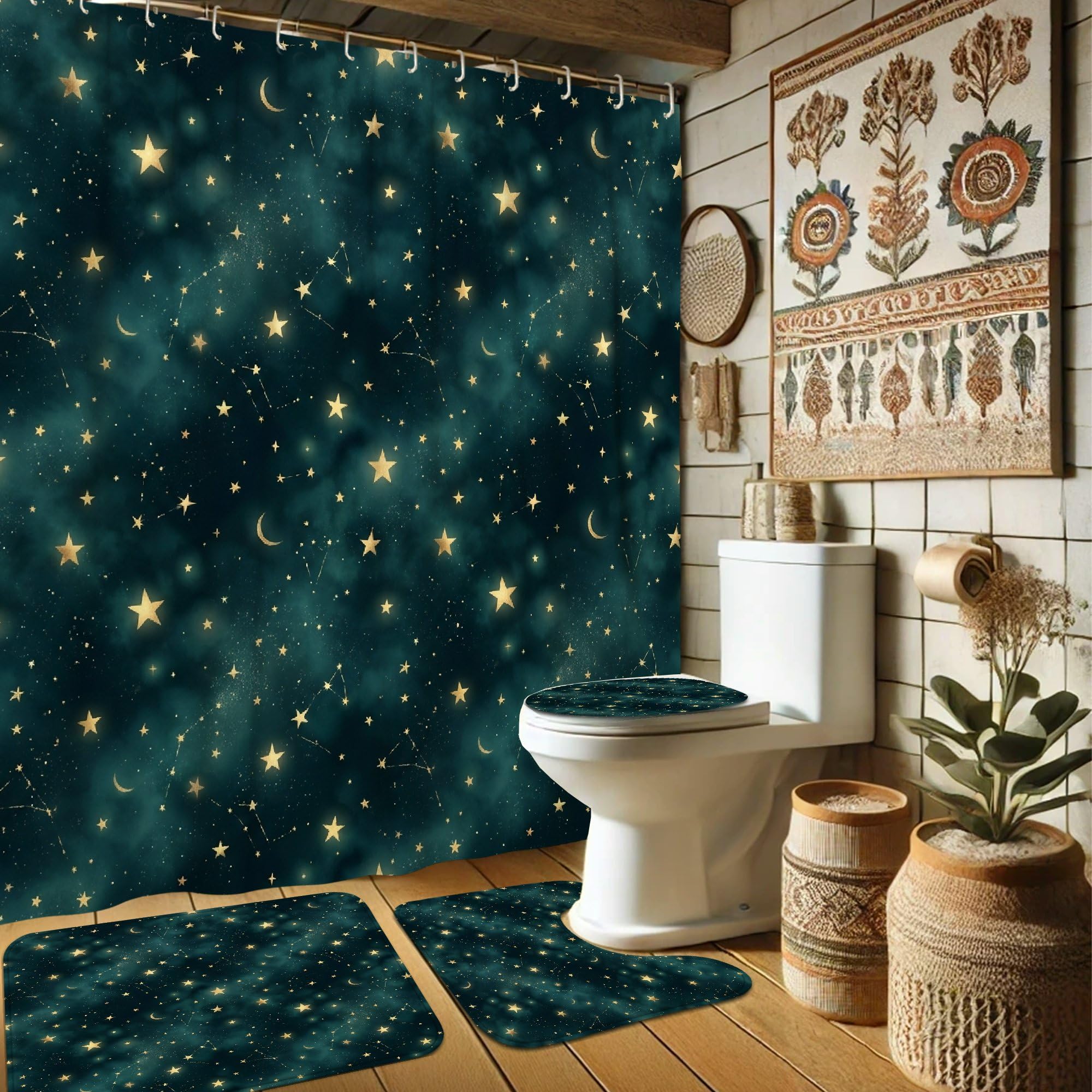 Rideau de douche lune céleste fantaisie lavable avec tapis et crochets