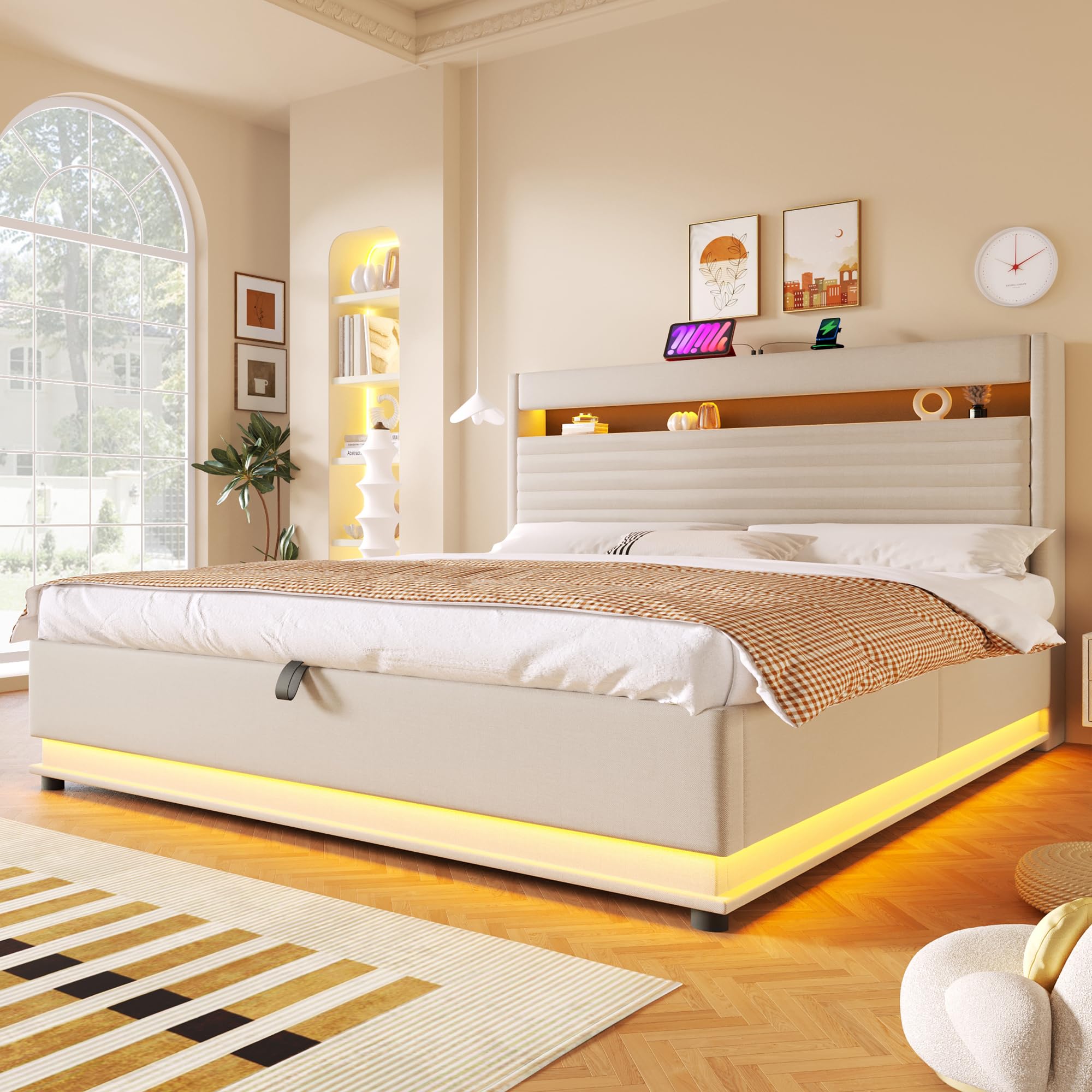 Cama 180x200 cm Camas Matrimoniales con Carga USB y LED, Cama Tapizada Matrimonio con Cabecero de Almacenamiento y Almacenaje Hidráulico, Camas Doble, Lamas Madera, Lino, Sin Colchón, Beige