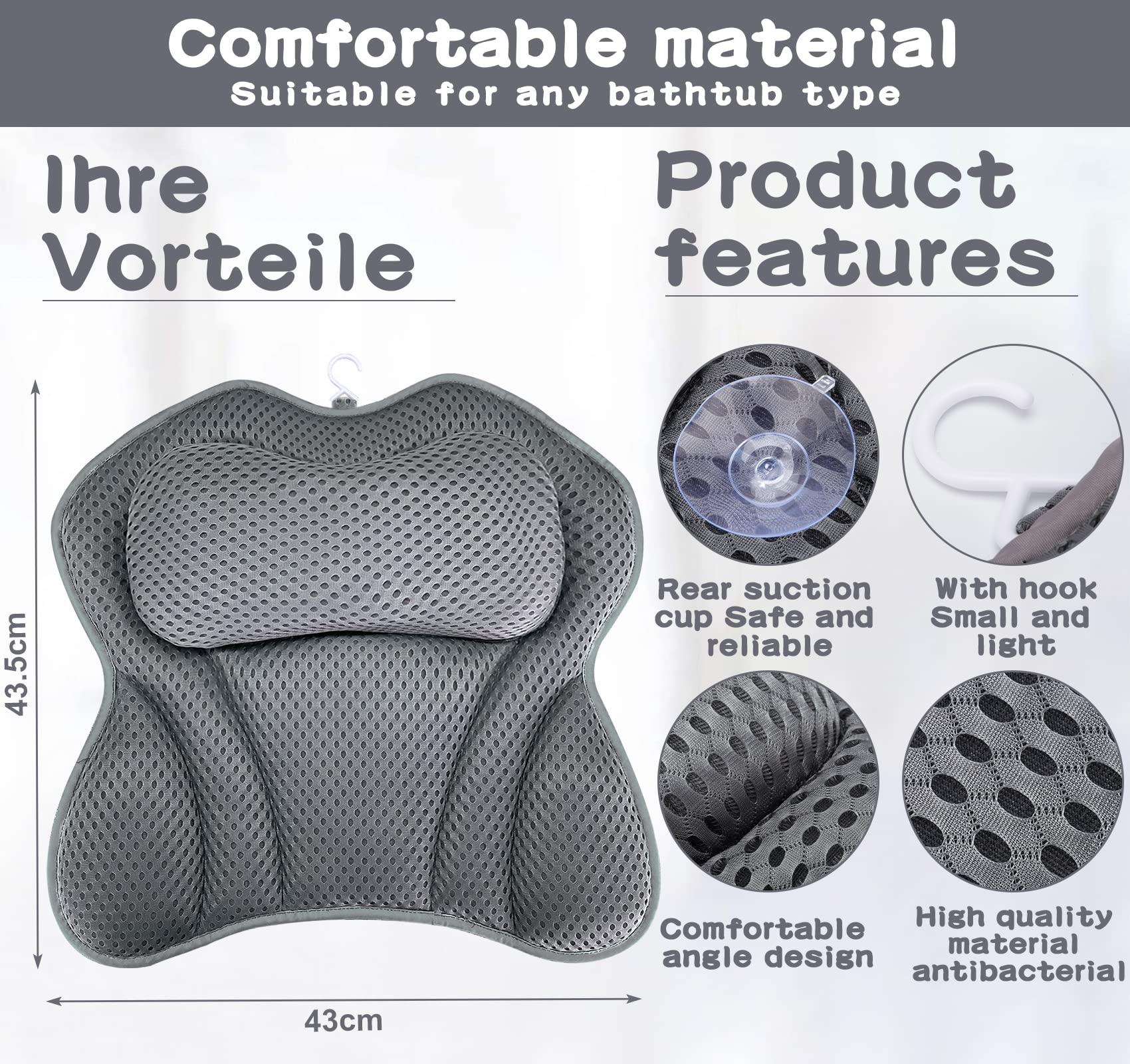 Cuscino Poggiatesta Per Vasca Da Bagno | Con Ventose Antiscivolo | Design Ergonomico E Traspirante