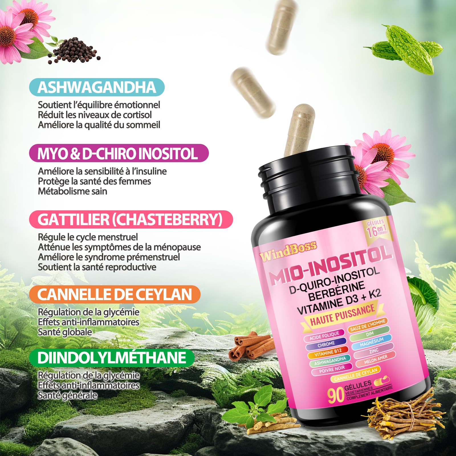 WindBoss 60 + 90 capsules Ensemble de capsules Myo-inositol et de cortisol, naturel, sans additifs et végétalien