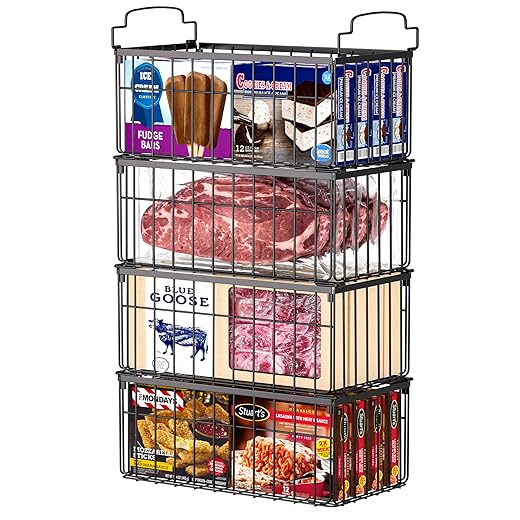 Freezer Organizer Bins, 4 Pack Stackable Deep Chest Freezer Organizer Bins, Foldable Baskets with Handles, Black Storage Container Baskets for 5/ 7 Cu.FT Deep Freezer Sort Frozen Meats