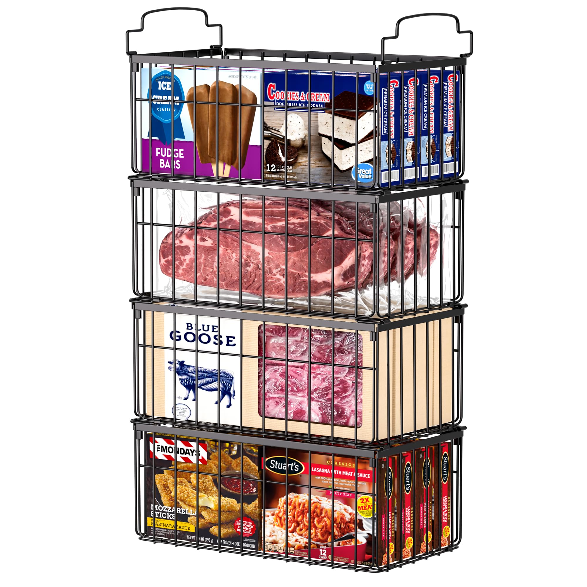 MSERCUOR Freezer Organizer Bins, 4 Pack Stackable Deep Chest Freezer Organizer Bins, Foldable Baskets with Handles, Black Storage Container Baskets for 5/ 7 Cu.FT Deep Freezer Sort Frozen Meats