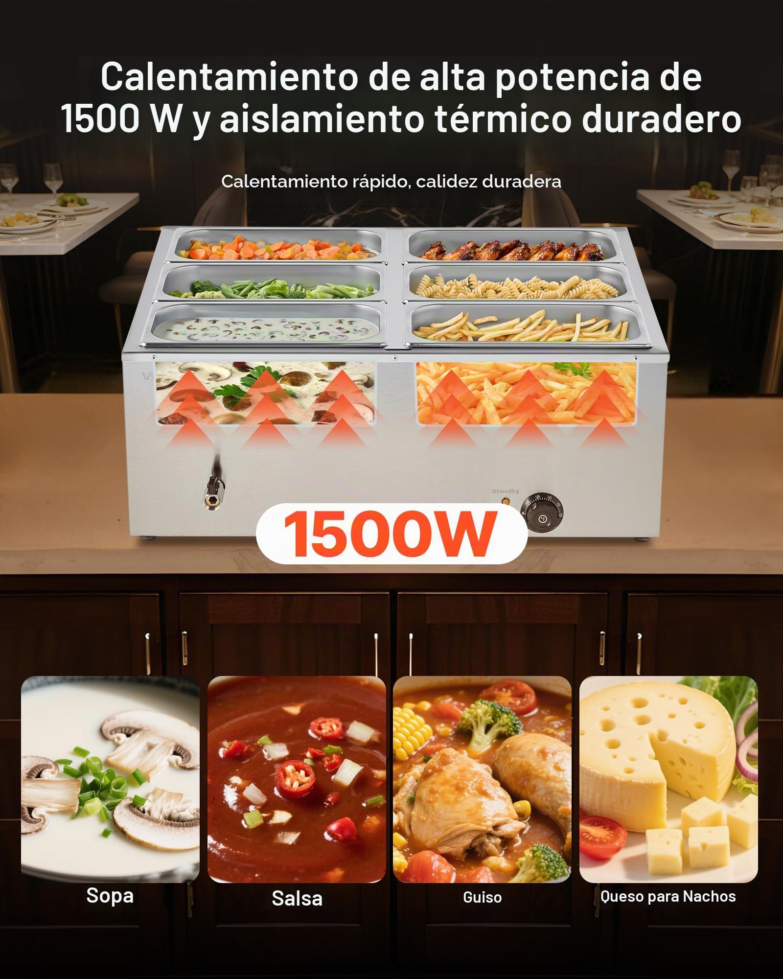 VEVOR Calentador de Alimentos 1500 W, de Acero Inoxidable, con Tapa, para 6 Sartenes, para Bufé de Encimera, Baño María con Cucharones para Sopa y Perforados, para Catering, 710 x 568 x 280 mm