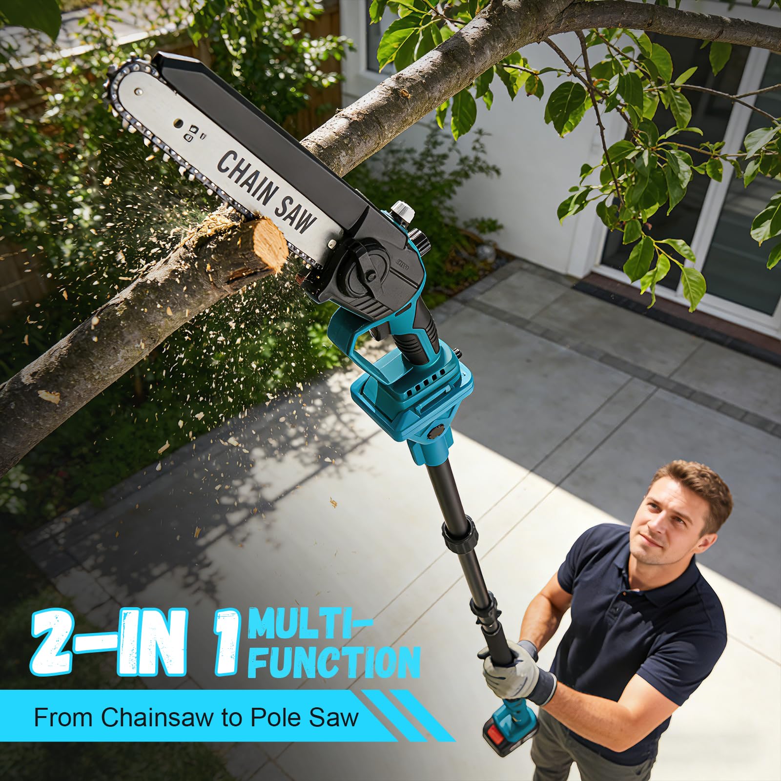 Cortacésped 2 en 1, mini motosierra de 8 pulgadas, tijeras eléctricas para árboles con varilla telescópica ajustable de 1,32 a 2,3 m, podadora eléctrica con 2 baterías y cargador para poda de árboles