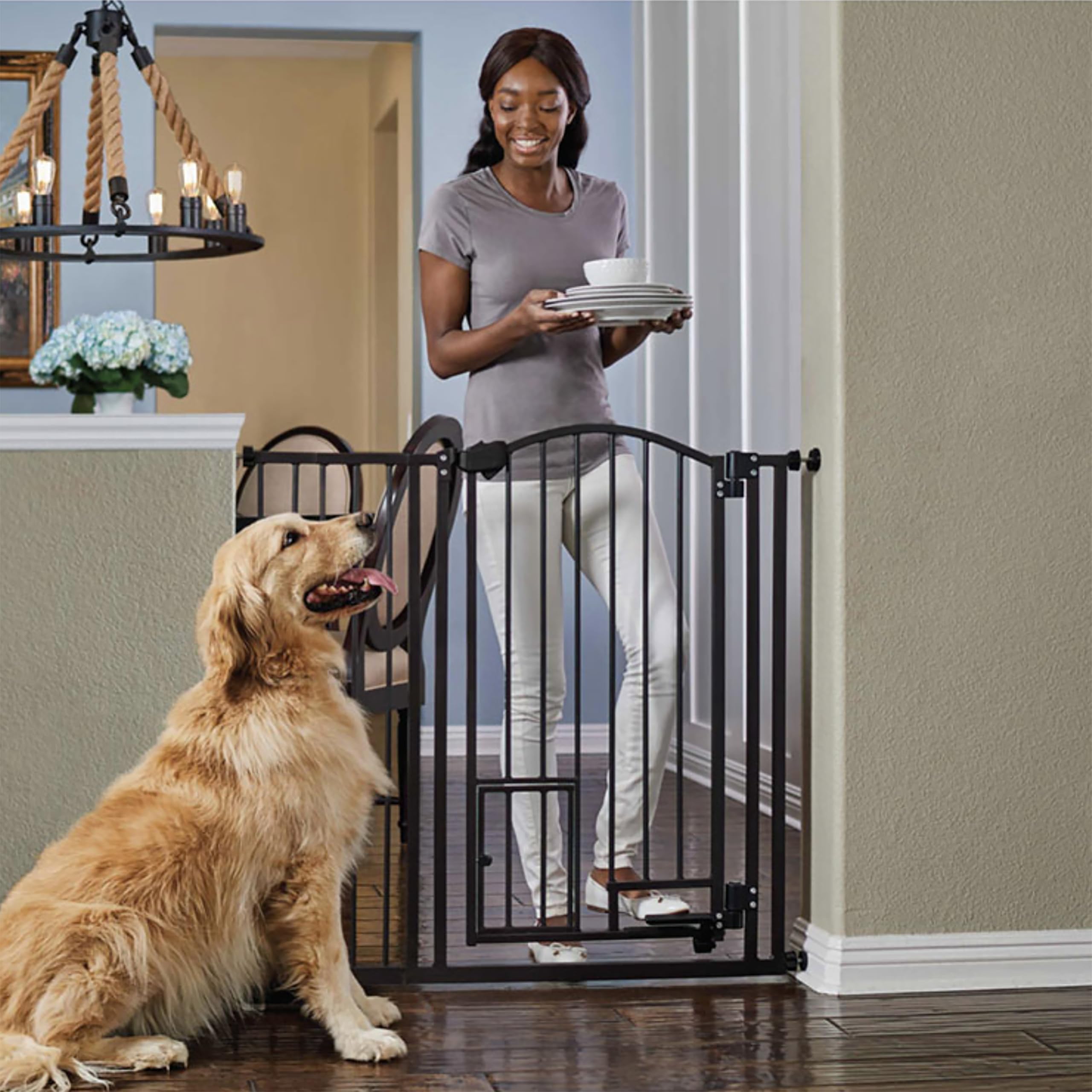 Carlson 38.5 Inch Extra Tall Arched Hands Free Gate, Fits Openings 29-43.5 Inches Wide, Includes Small Pet Door, Black