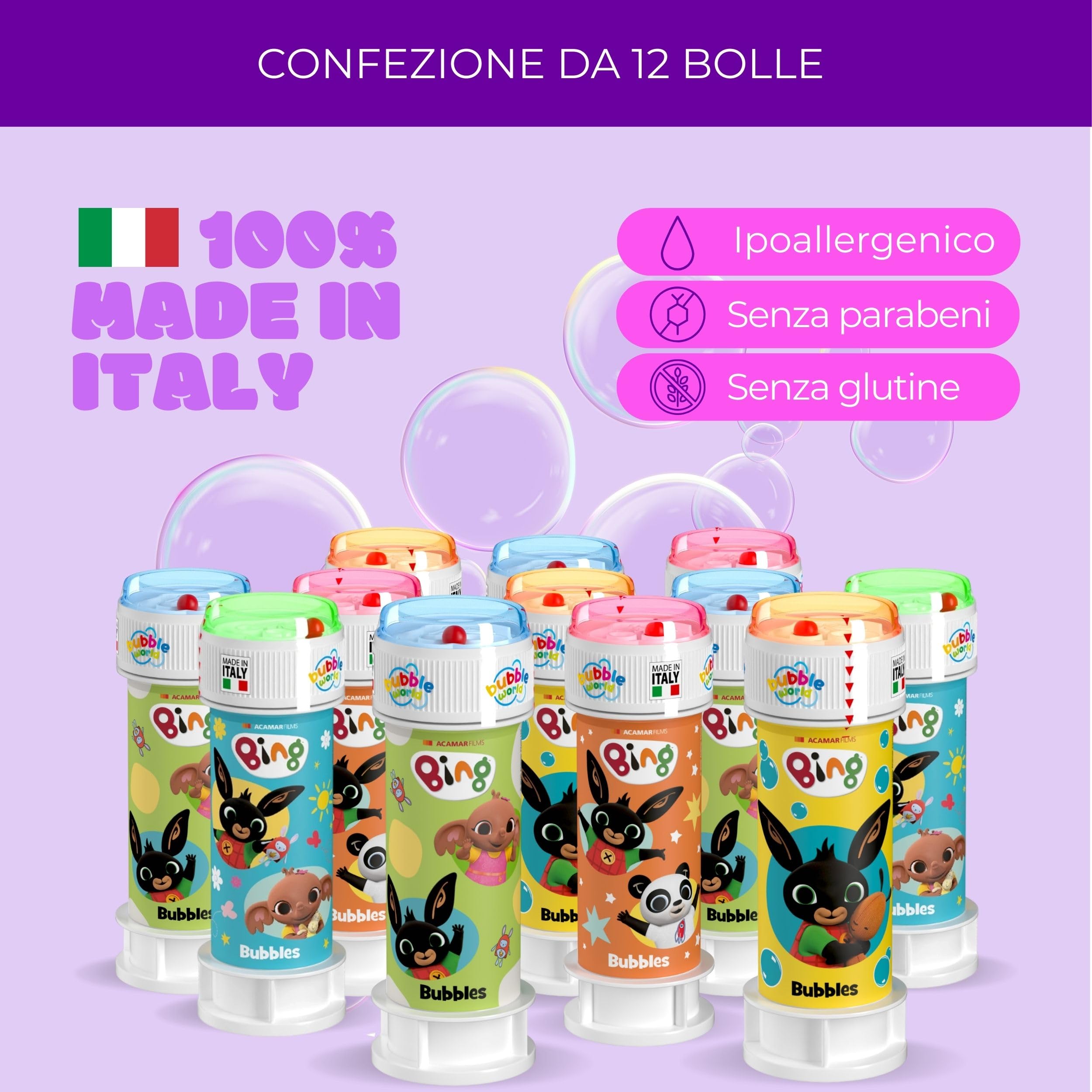 Bubble World,Bolle di sapone Bing,Bolle di Sapone(12), Tubetti Bianchi con Soffiatore Rosso Integrato,60 ml
