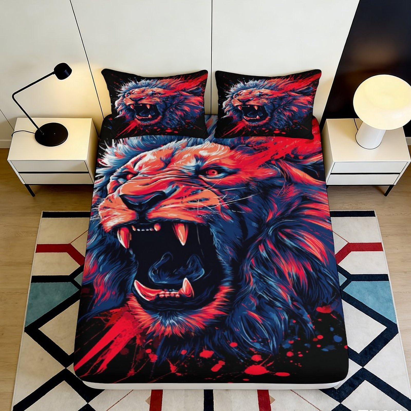 Pnayamiorkfel Style-8 3D Printed Roaring Lion Fitted Sheet Microfiber Soft Red Blue Wild Animal Bed Cover For Bedroom Guest Room Decor 90X200x25cm