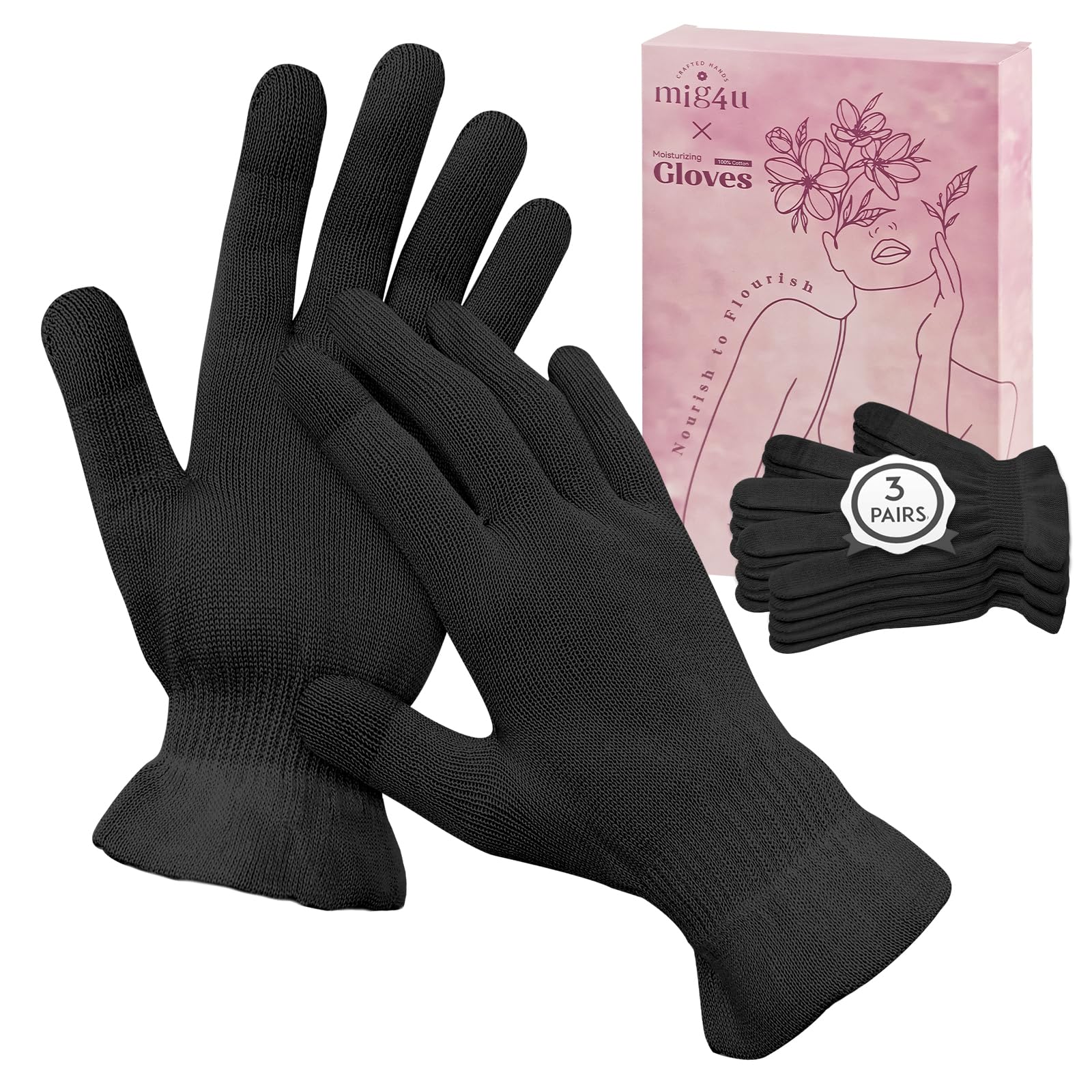 MIG4U Moisturizing Beauty Gloves Touchscreen Overnight Sleeping Glove for Women Dry Hands, Nighttime Lotion, Eczema, SPA, Cosmetic Treatment, Black 3 Pairs Size s/m