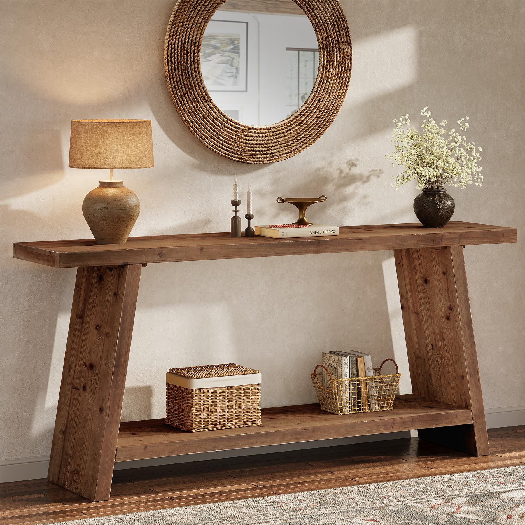 Mesa consola de madera maciza, 160 cm, mesa de entrada larga con 2 estantes, mesa de sofá estrecha detrás del sofá, mesa de pasillo para pasillo, salón, estilo granja vintage