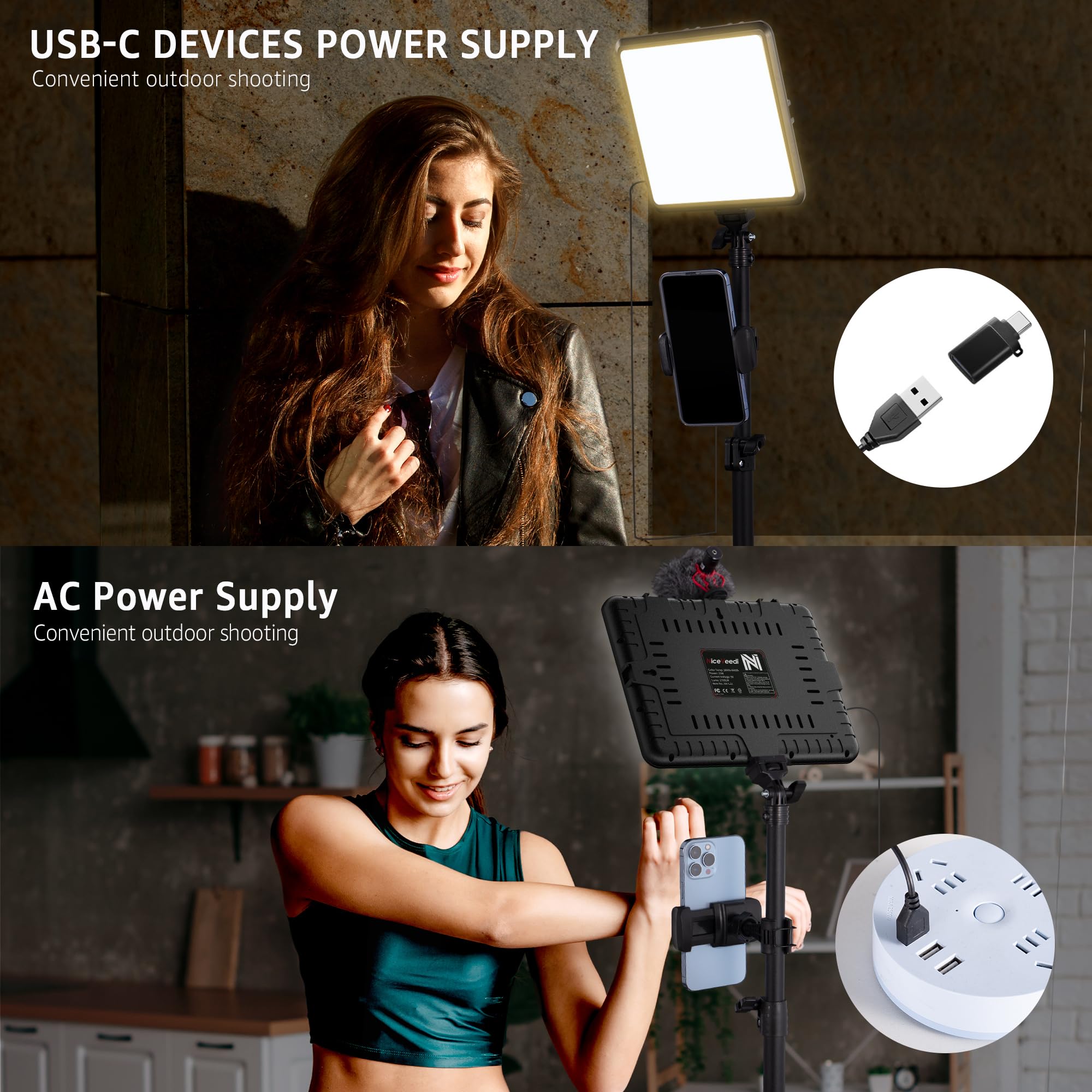 NiceVeedi 1-Pack Photography Lighting Kit, 2800-6500K Bi-Color LED Video Light Kit, Dimmable Studio Light with Tripod Stand & Phone Holder, Light for Video Recording, Game Streaming, YouTube: 15W-1 Pack (USB-C Adapter)