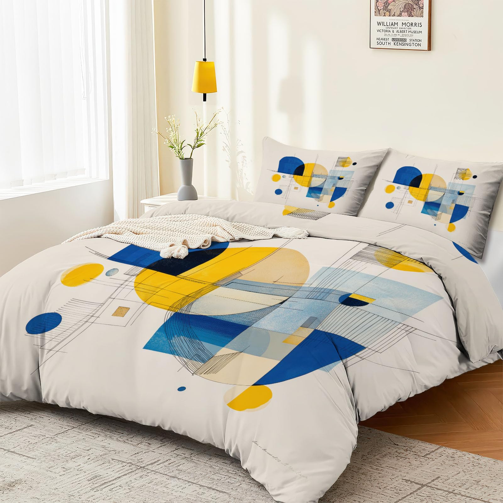 Set copripiumino bianco crema, 230 x 220 cm, traspirante, motivo geometrico astratto a blocchi di colore, in microfibra, facile da pulire, con cerniera e federe, per ragazzi