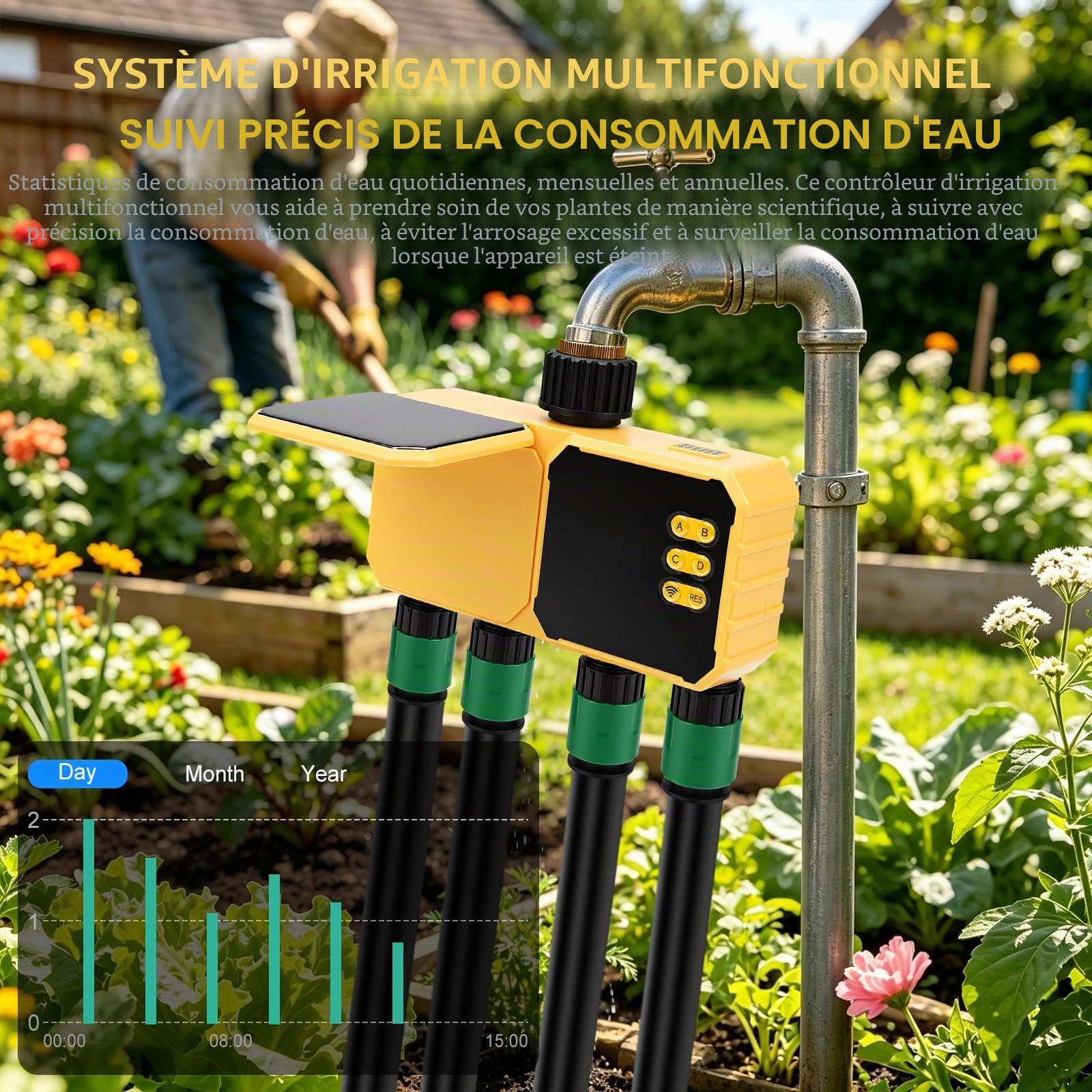 Programmateur Arrosage Automatique WiFi 4 Voies,Contrôleur d'Irrigation à Distance WiFi Solaire avec Retard de Pluie Arrosage Manuel,pour Jardin,Serre,Pelouse