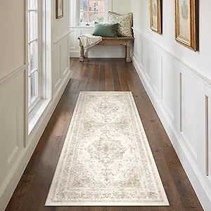 Runner Rug 2x6 Cream Hallway Washable Beige Carpet Non Slip Vintage Medallion Beige Carpet Low Pile Soft Distressed Retro Indoor Long Rug for Entryway Kitchen Bathroom Laundry Bedroom