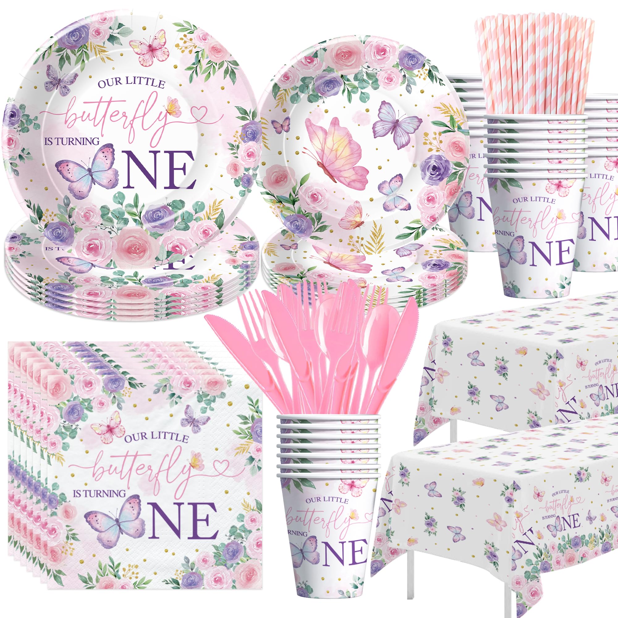 HIPVVILD Butterfly First Birthday Decorations Tableware for Girl - Butterfly 1st Birthday Party Supplies, Paper Plate, Cup, Napkin, Cutlery,