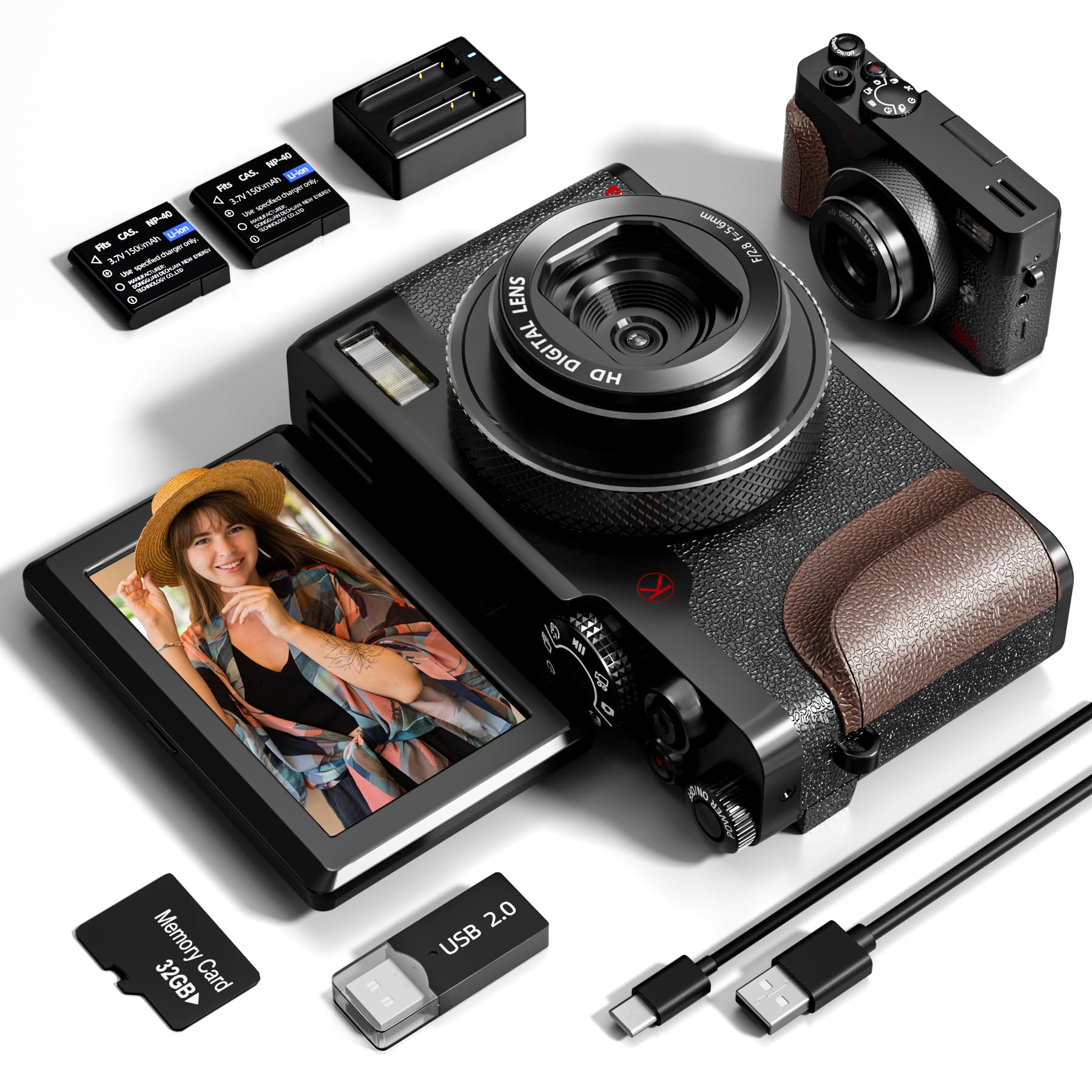 Digital Camera, 64MP Cameras for Photography, 5K Vlogging Camera for YouTube, 180°Flip Screen Digital Point and Shoot Camera with 18X Zoom, Compact Camera for Beginner with 32GB SD Card(2 Batteries)