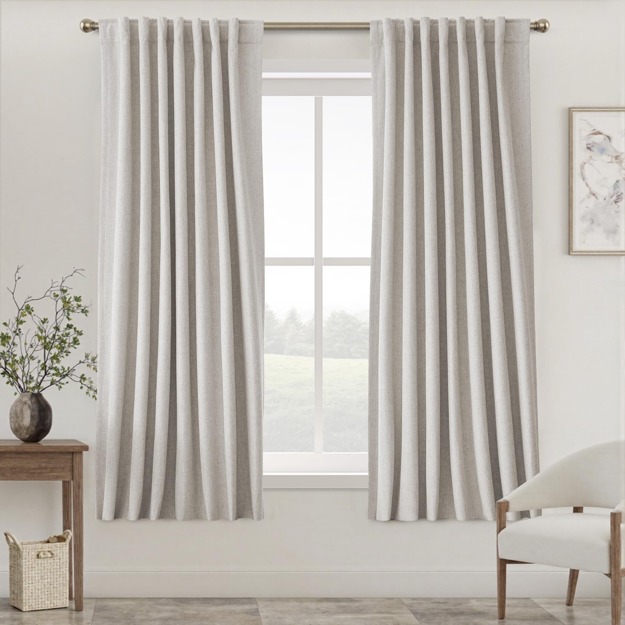 UHITECH Bedroom Blackout Curtains 63 Inch Long Black Out Curtain for Living Room Window Panels Linen Blend Drapes Back Tab Natural Thermal Insulated