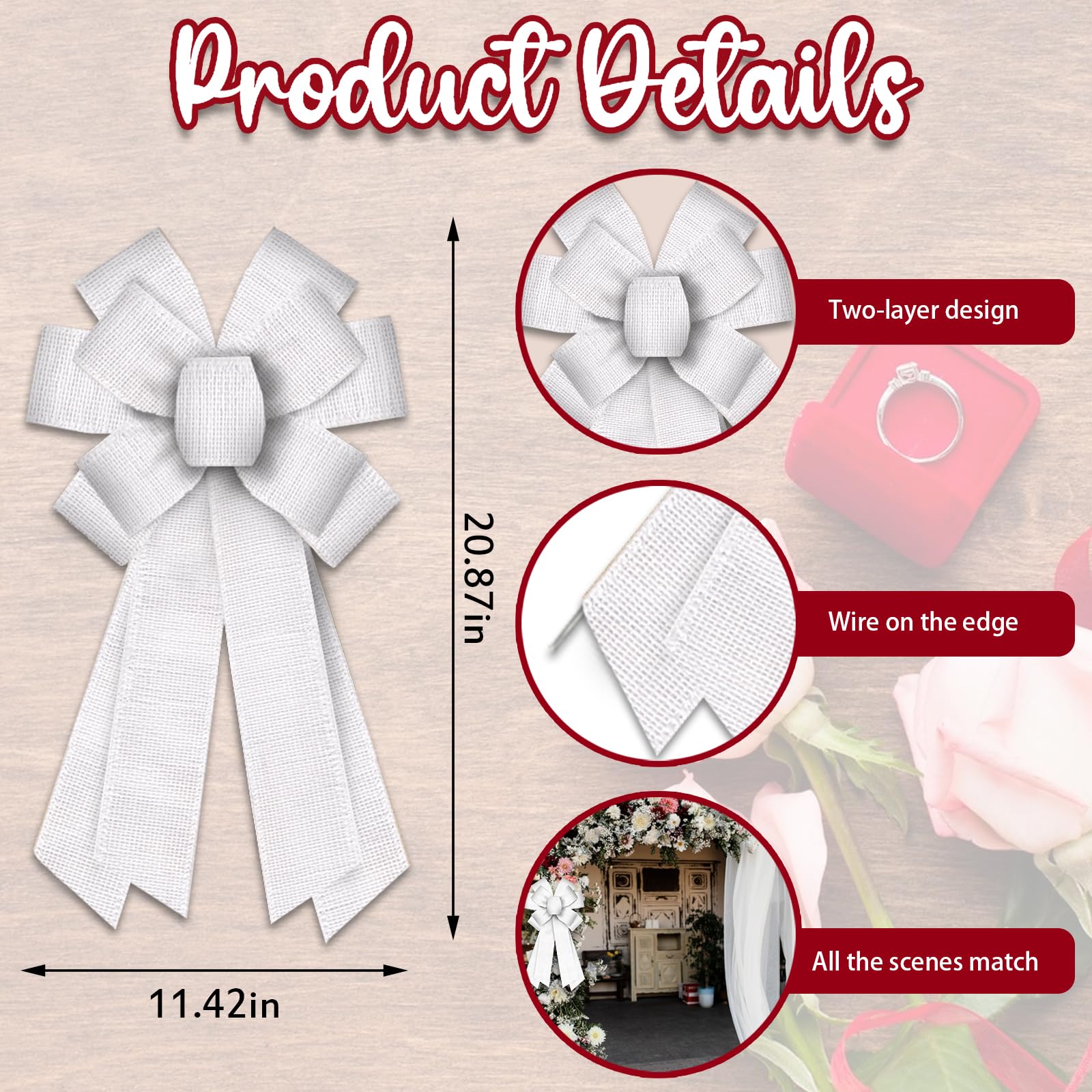 Threetols White Linen Wreath Bows, Bridal Shower Bows for Wreath Wedding Decorative Bows for Front Valentine's Day Farmhouse Ornaments Hanging Wreath Bow for Wedding Indoor Outdoor Decor