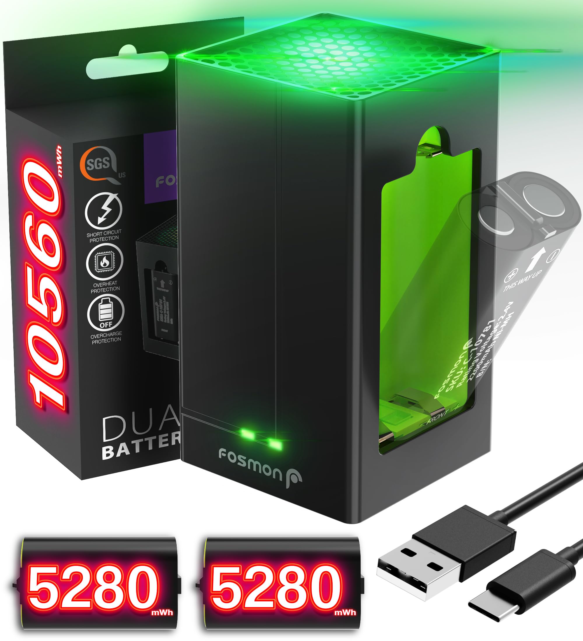 Fosmon 5280mWh Rechargeable Battery Charger Kit Compatible with Xbox Battery with 2X Batteries, Dual-Slot Rapid Charging Station Compatible with Xbox Series X/S, One S/X, Elite Controllers