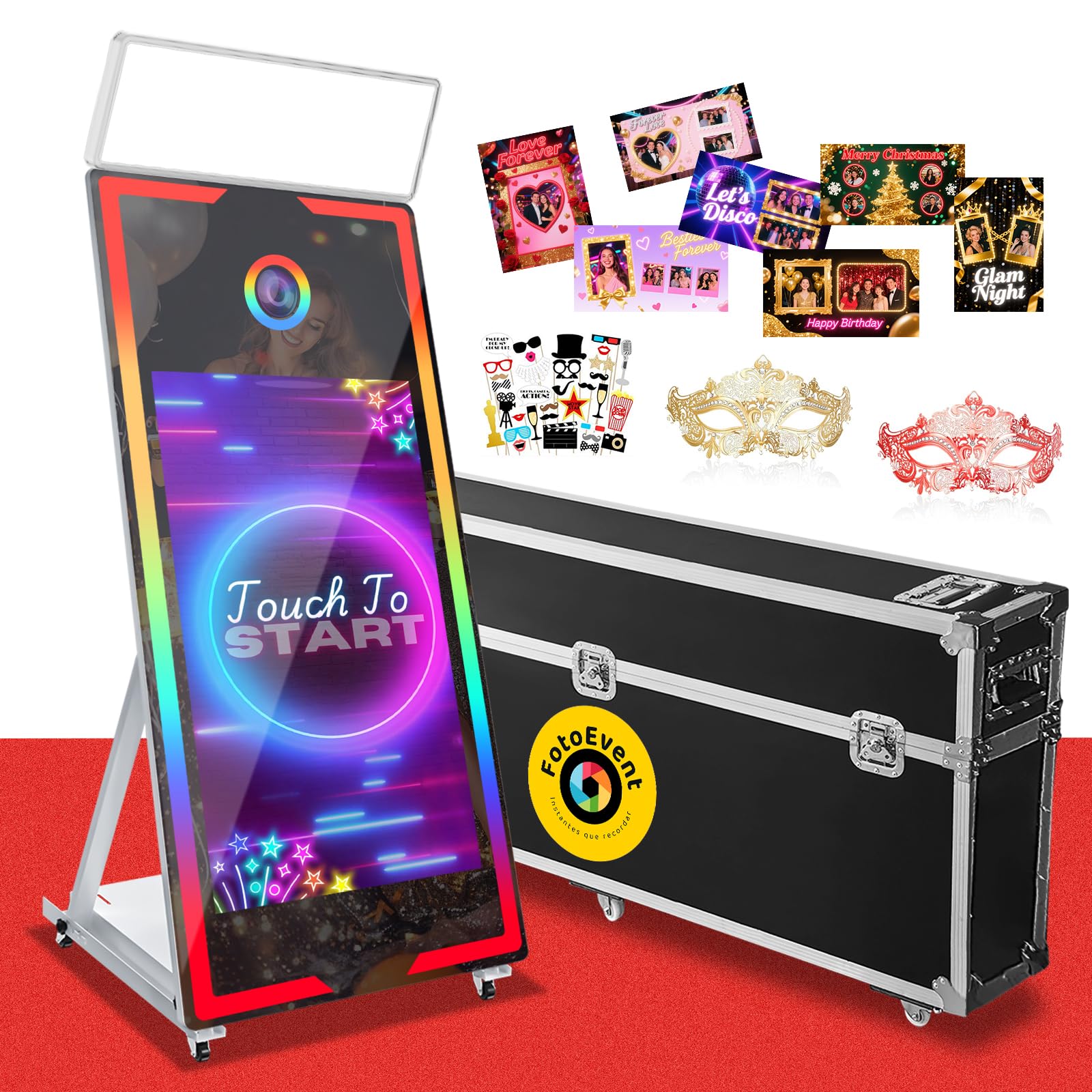 Magic Mirror Photo Booth 65" with 43" Touch Screen Selfie Mirror Photo Booth Machine with Flight Case App Remote Control Ring Light for Event Rental Wedding Party (White)