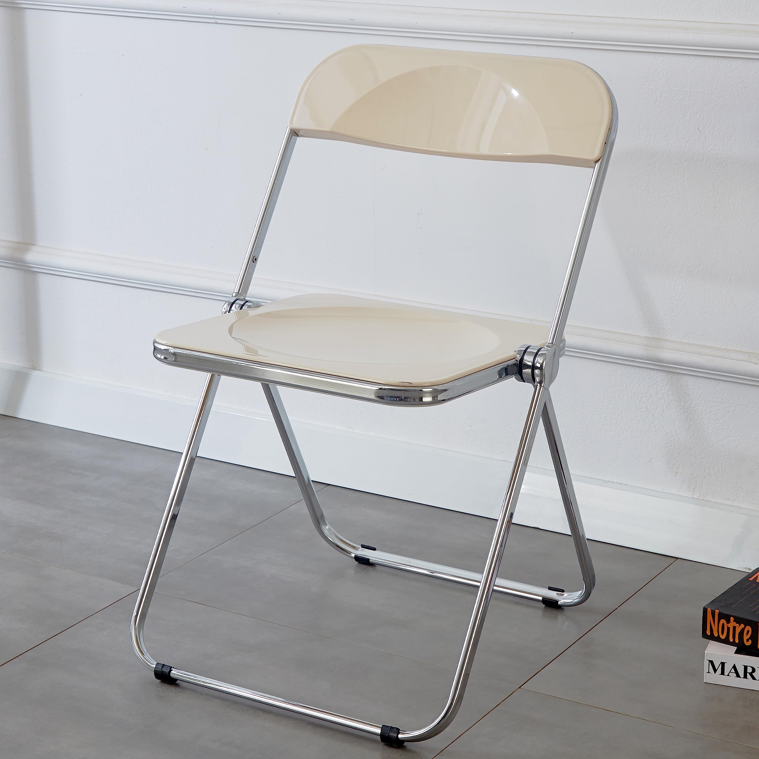 KAIHAOWIN Luxury Modern Acrylic Folding Chair Transparent Chairs-Ghost Stackable Crystal Folding Chair-PC Plastic Living Room Seat-Chrome Frame and Foldable Acrylic Chair for Outside Inside-White