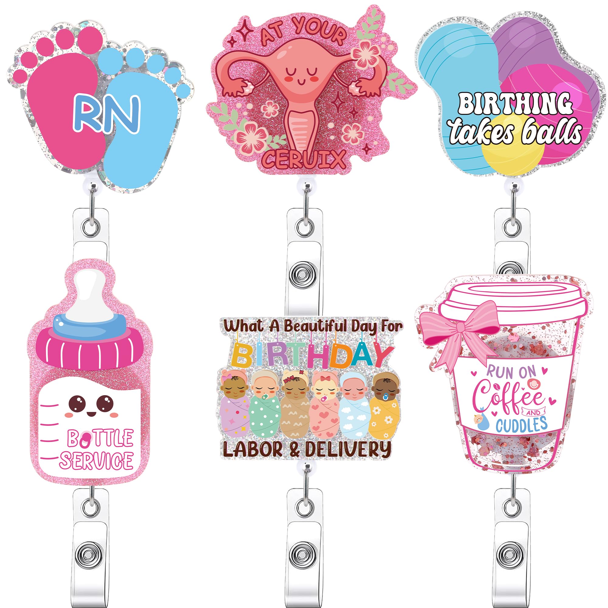 AFRITEE Nurse Badge Reels Retractable - 6 Pcs Swaddle Baby Labor Nurse ID Badge Reel with Alligator Clip for L&D RN Hospital Doctor, Acrylic Glitter