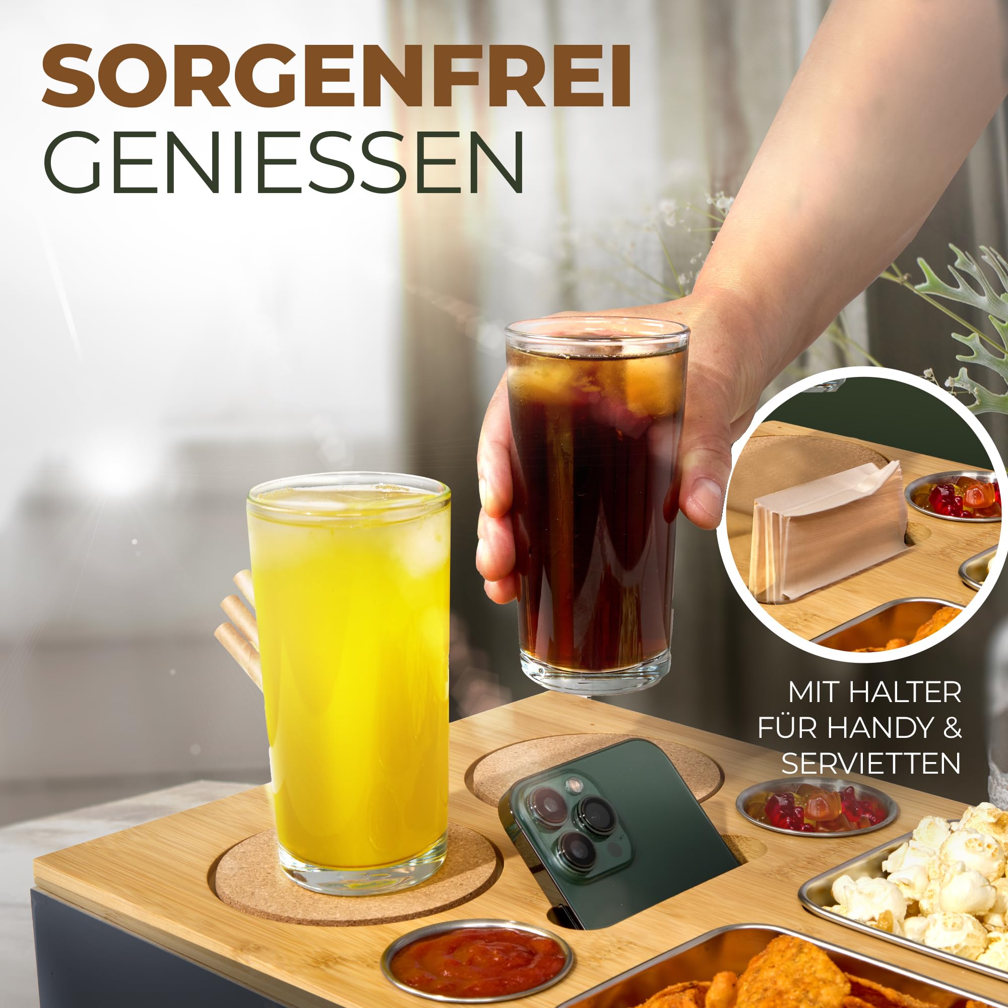 Cascalino's Barra de café con cuencos para aperitivos de acero inoxidable – Bandeja de sofá de madera | Organizador de sofá con soporte para bebidas | Bandeja para sofá de madera, barra de aperitivos,