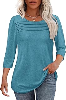 Sponsored Ad - OFEEFAN Womens Tops 3/4 Length Sleeve Blouses Dressy Casual Spring Summer Fall Outfits Pleated Front T Shir...