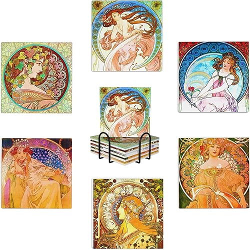 Miniatura 11 de William Morris - Juego de 6 posavasos absorbentes con soporte, decoración de mesa auxiliar, posavasos de piedra de cerámica con base de corcho,