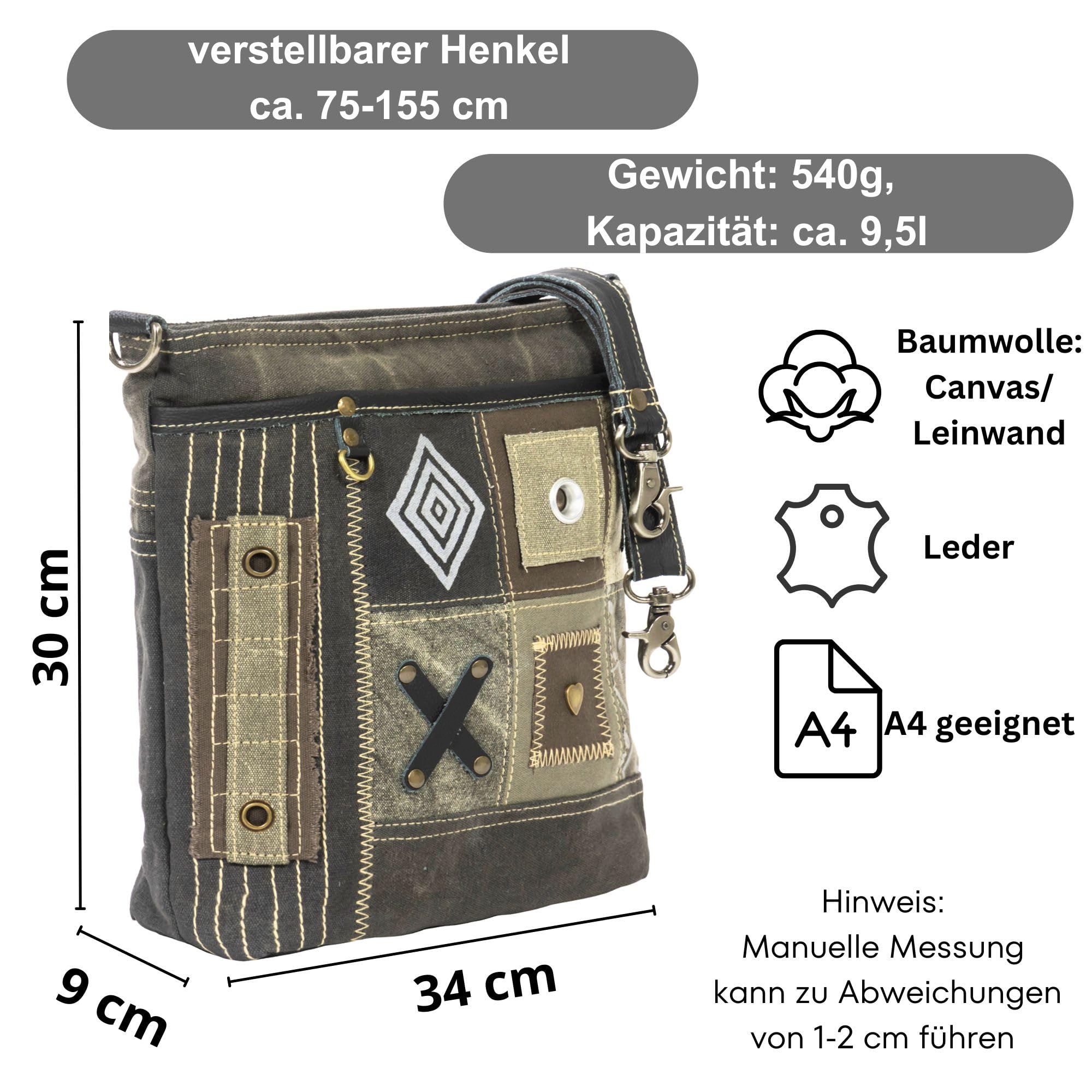 Sunsa Taschen Damen. Umhängetasche aus Canvas/Leinwand & Leder, khakigrün