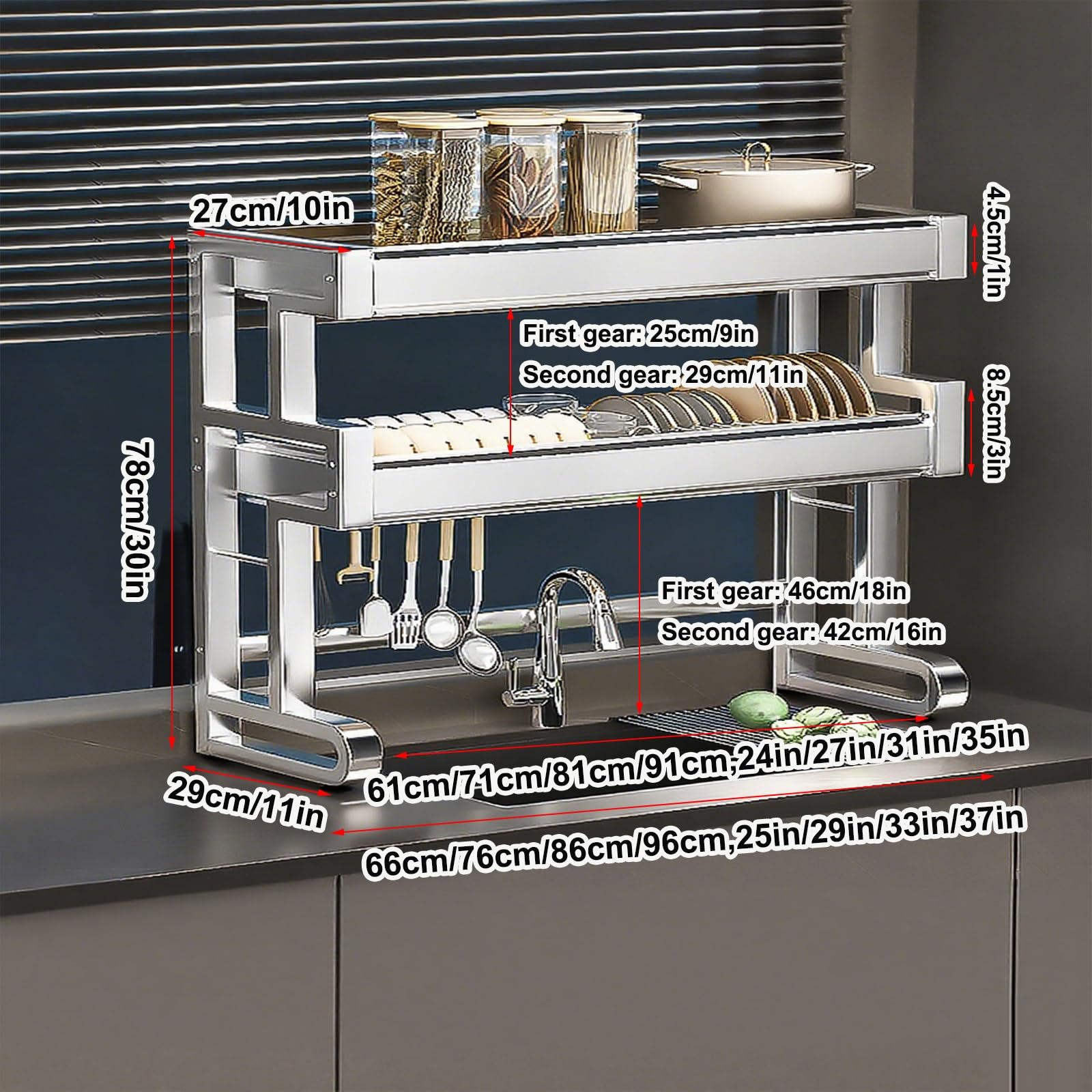 Escurridor de platos extensible para fregadero, extra grande, doble capa, 76 cm, acero inoxidable, escurridor de cocina para un secado eficiente de platos y soluciones de ahorro de espacio