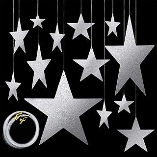 Silver Star Hanging Stars Cutouts Silver Glitter Star Cardboard with Nylon String for Silver Party Decorations Baby Shower, 4 Sizes (6cm/12cm/20cm/30cm)(24)