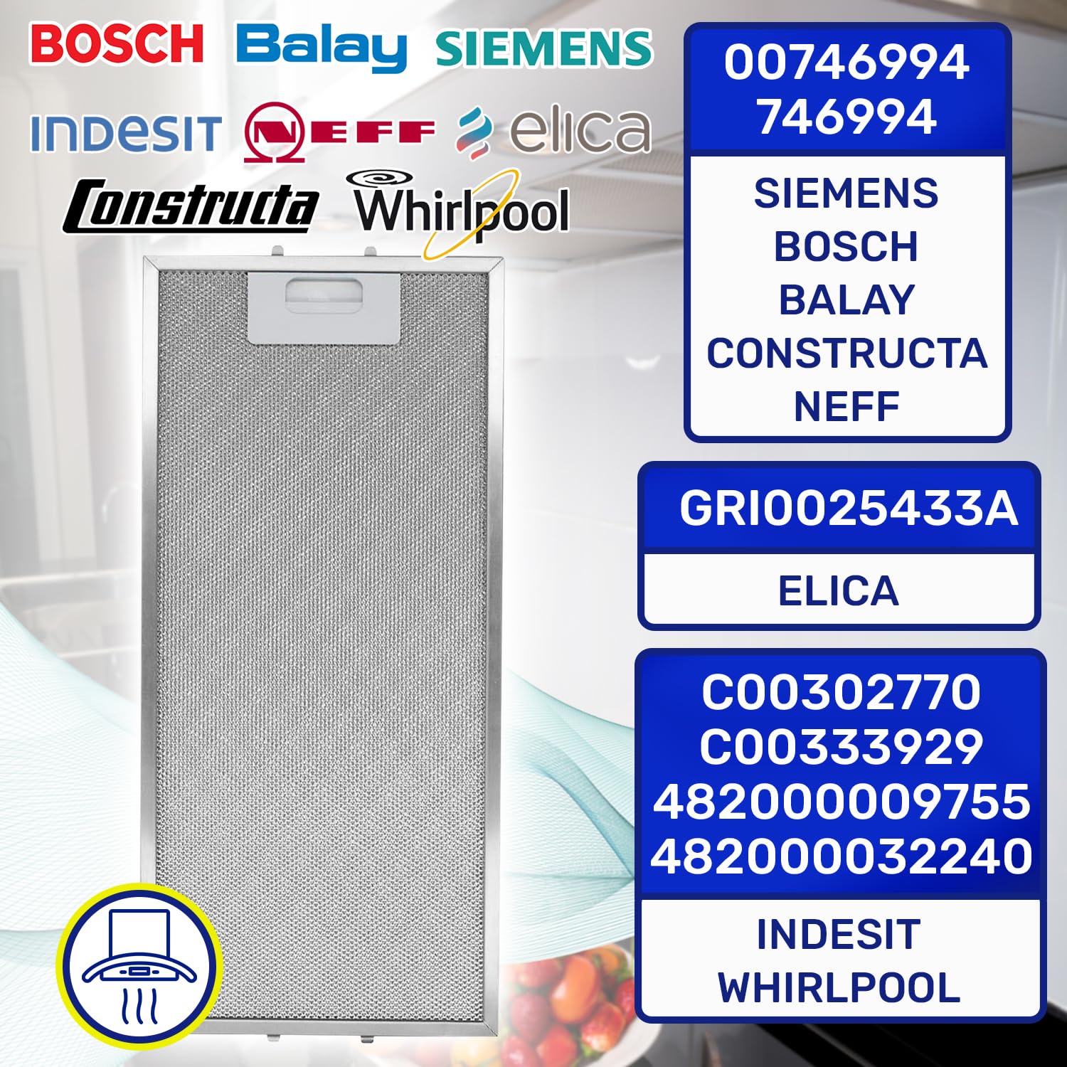 Filtro Metálico de Grasa para Campana Extractora 458x185x9 mm con Código Original 00746994 746994 para Bosch para Balay para Siemens GRI0025433A para Elica - MONTERAL