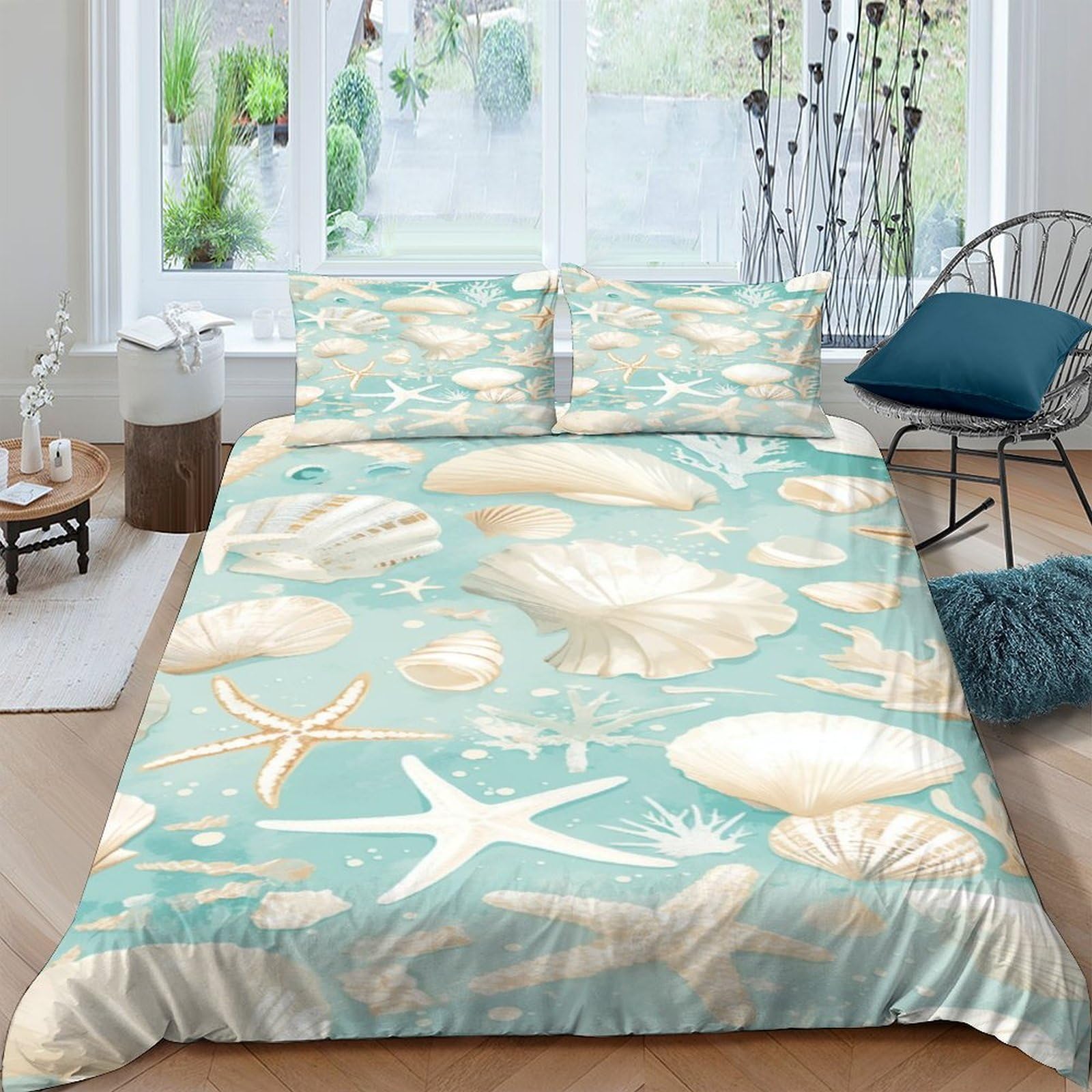 TUFRTGYHN 3D Printed Seashell Starfish Duvet Cover Microfiber Soft Breathable Ocean Bedding Set with 2 Pillowcases for Bedroom Decor Single（135x200cm）