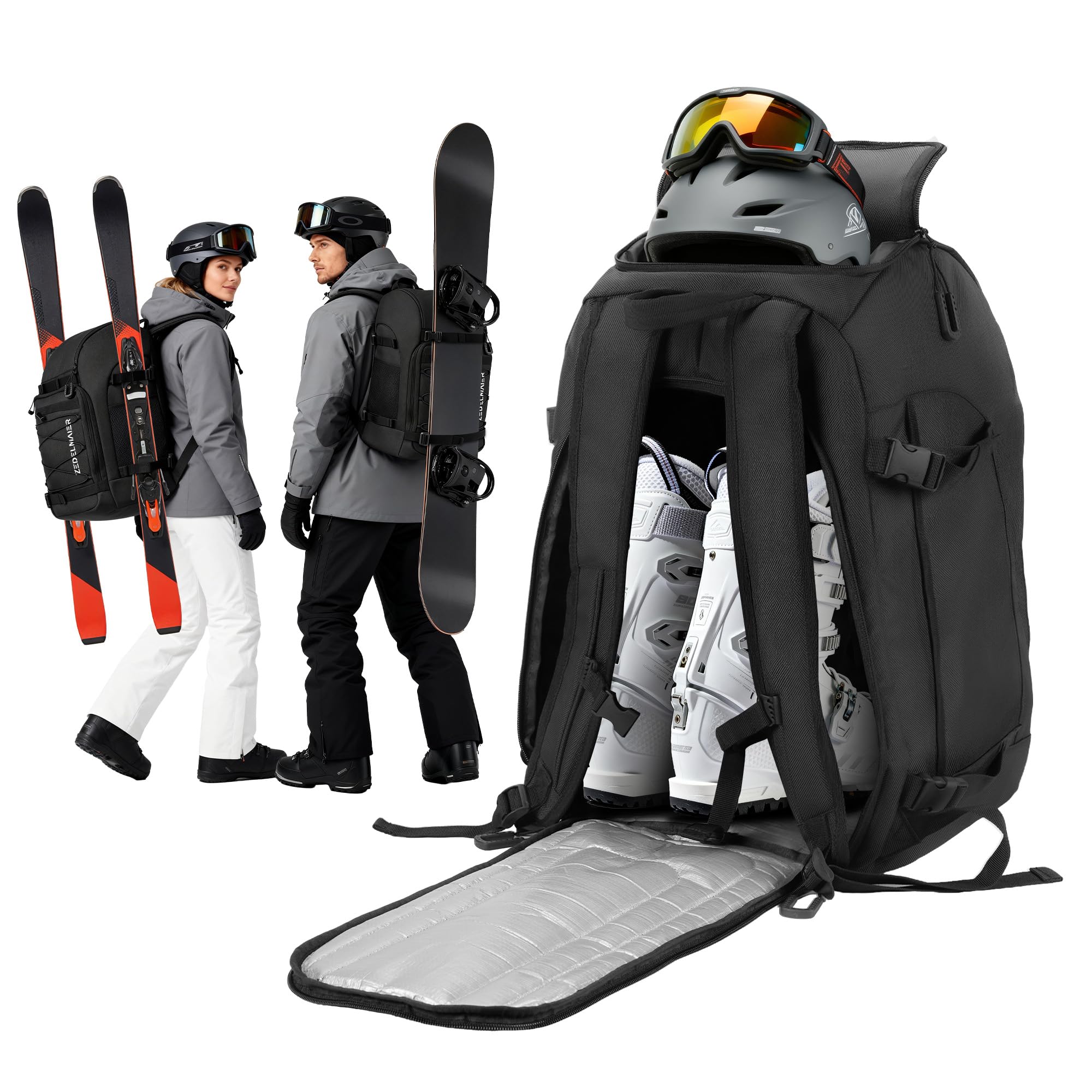 Zedelmaier 50L Skischuhrucksack Skirucksack für Helm Skischuhe & Ski/Snowboard Handschuhe 4-in-1 wasserfeste & Kratzfeste Skischuhtasche Skitasche für Skistiefel bis Größe 45 (30×34×48cm H Schwarz)