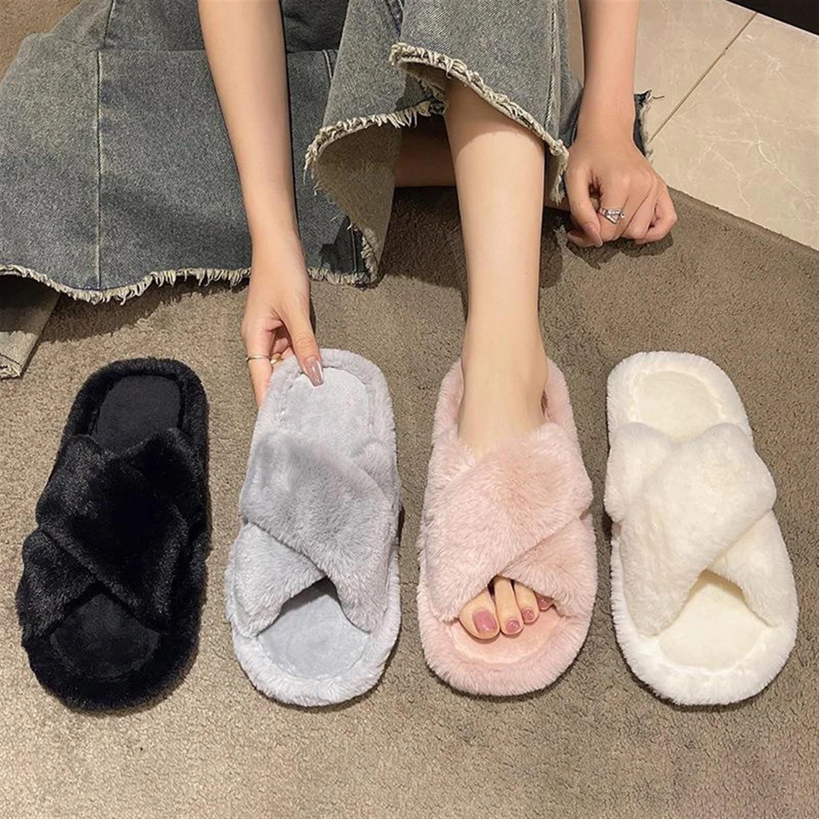 Zapatillas mullidas Informales for Mujer, Planos de casa, Plataforma de diseñador de Felpa, Zapatos de Invierno for niñas, Calzado Elegante y cálido a la Moda de hogar(Black,40-41)