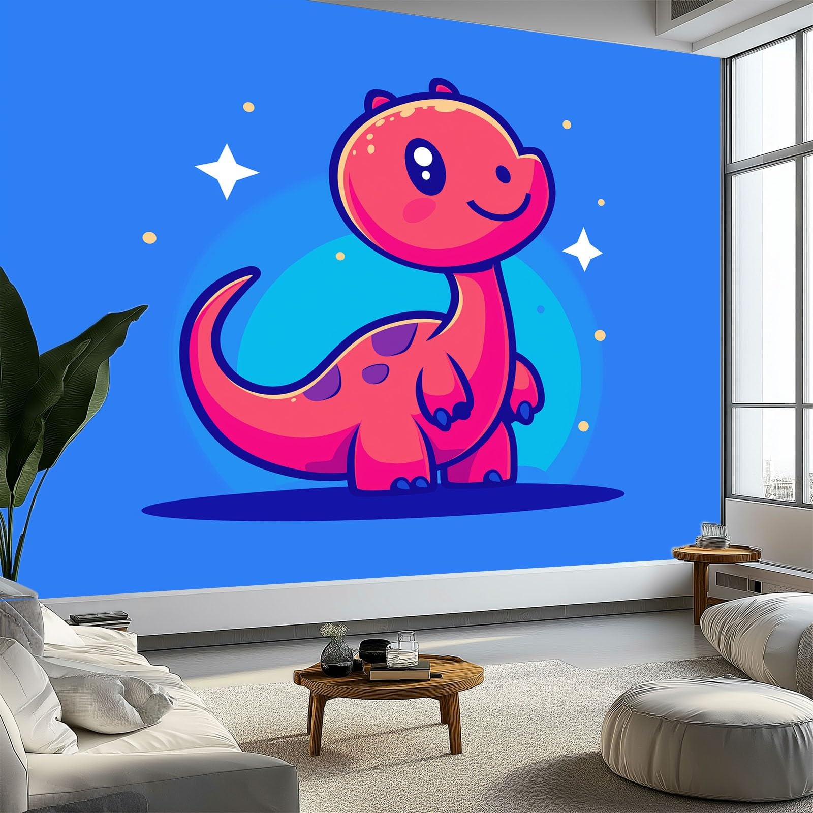 Tapeta ścienna z motywem dinozaurów, gwiazd i księżyca, niebieska tapeta, tapeta ścienna, 400 x 280 cm (szer. x wys.), dekoracja ścienna, tapeta dekoracyjna, tapeta do salonu, sypialni, biura