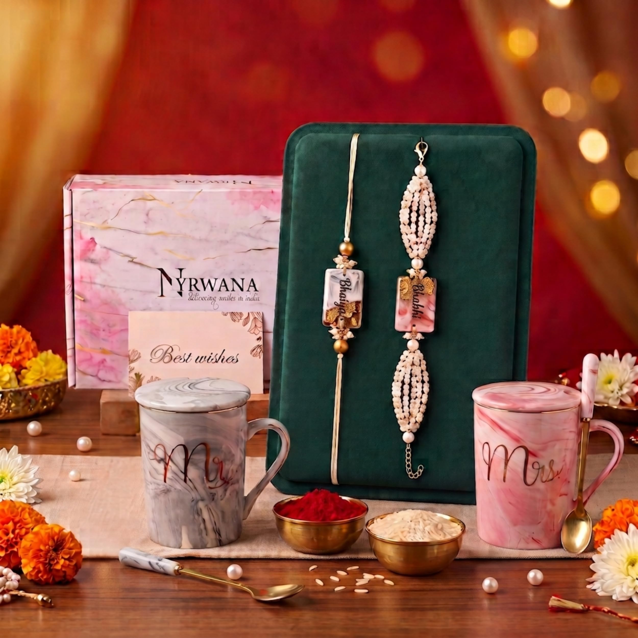 NYRWANA Coffee Mug, Wedding Gift for Couples, Rakhi for Brother and Bhabhi with Gift, Mr & Mrs Set of 2 Coffee Mugs, Lids, Golden Spoon, Bag, Box, Pink Rakhi with Tilak and chawal (380ml-Ceramic)