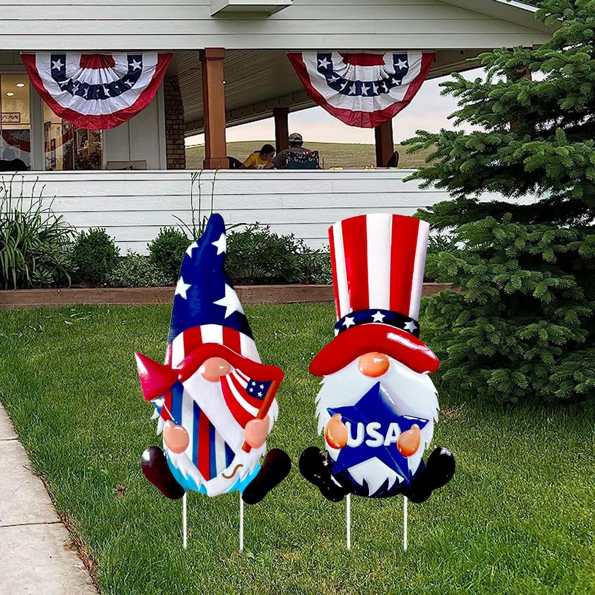 2 Packs 4th of July Decorations Yard Stakes Sign, 23 Inch Metal Gnome Stake, Waterproof Outdoor Red White and Blue Holiday Outdoor Garden Welcome Signs Yard Lanwn Stake