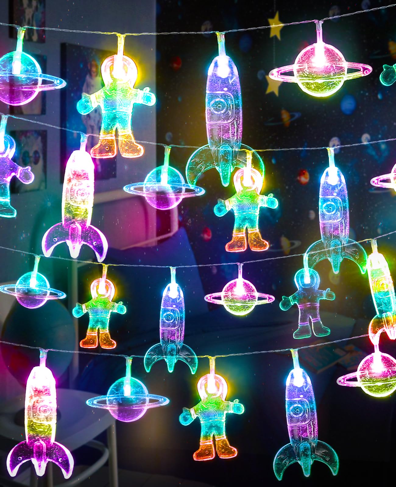 AceList Space String Lights, 50 LED Color-Changing Fairy Lights with Battery&USB Powered for Children's/Kids' Rooms, Space-Themed Party, Christmas and