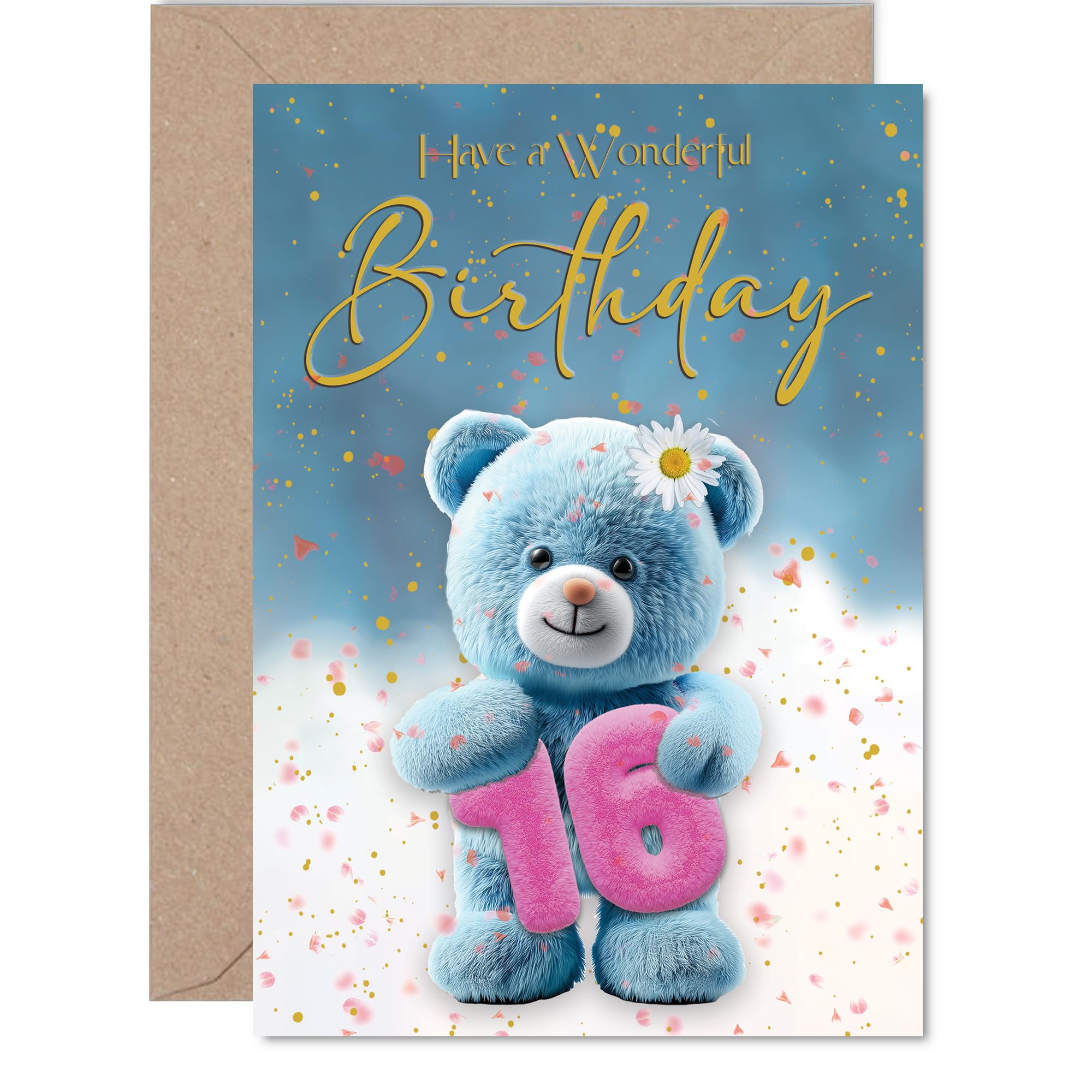 Cute 16th Birthday Card - Bursting with Birthday Cheer - Blue Teddy Bear Holding 16 Surrounded by Confetti - Adds a Playful Touch to the Big Day - A5, Envelope Included