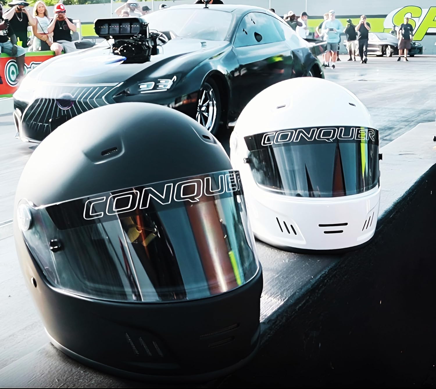 Conquer Snell SA2020 Approved Full Face Auto Racing Race Car Helmet - Adult | Men | Women | Youth - ( Black / White / Silver )