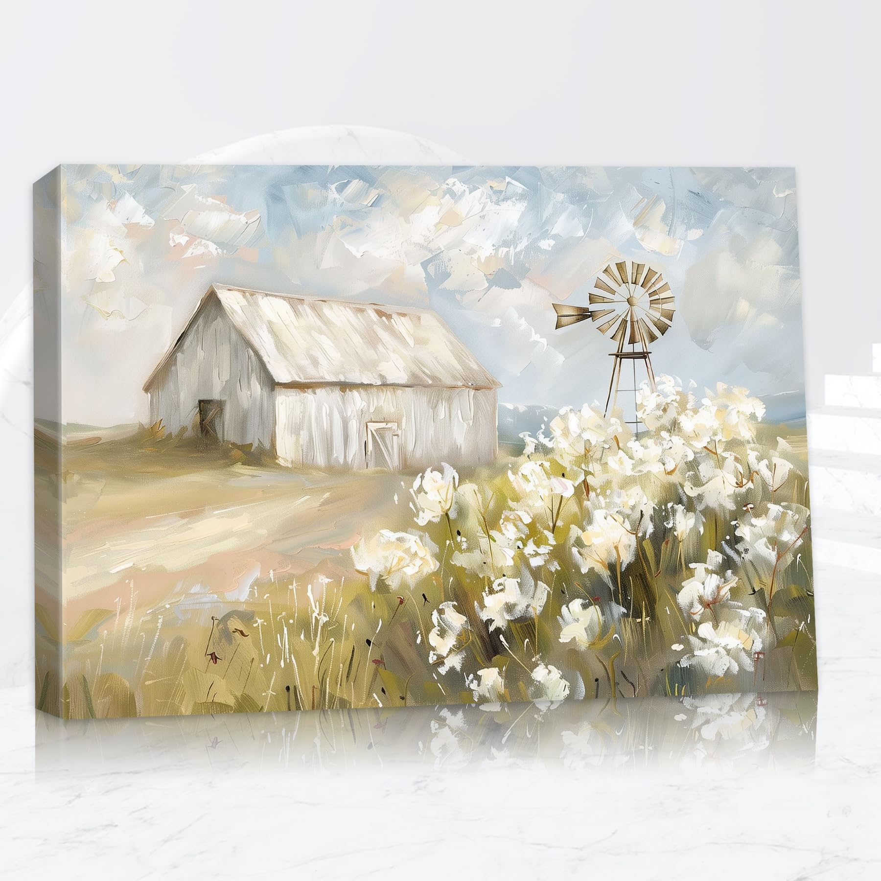 Rustic Barn Pictures Wall Art, Farmhouse Wall Decor White Barn Canvas Framed, Abstract Country Windmill Barn Painting Prints, Modern Farm Flower