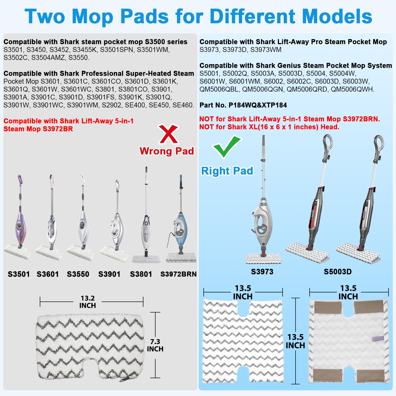 Zestaw 6 podkładek do mopa parowego P184WQ dla Shark Lift-Away Pro & Genius Steam Pocket Mop System S3973 S3973D S3973WM S5001 S5002Q S5003A S5003D S5004 S5004W S6001W S6001W 001WM S6002 S6002C S6003D